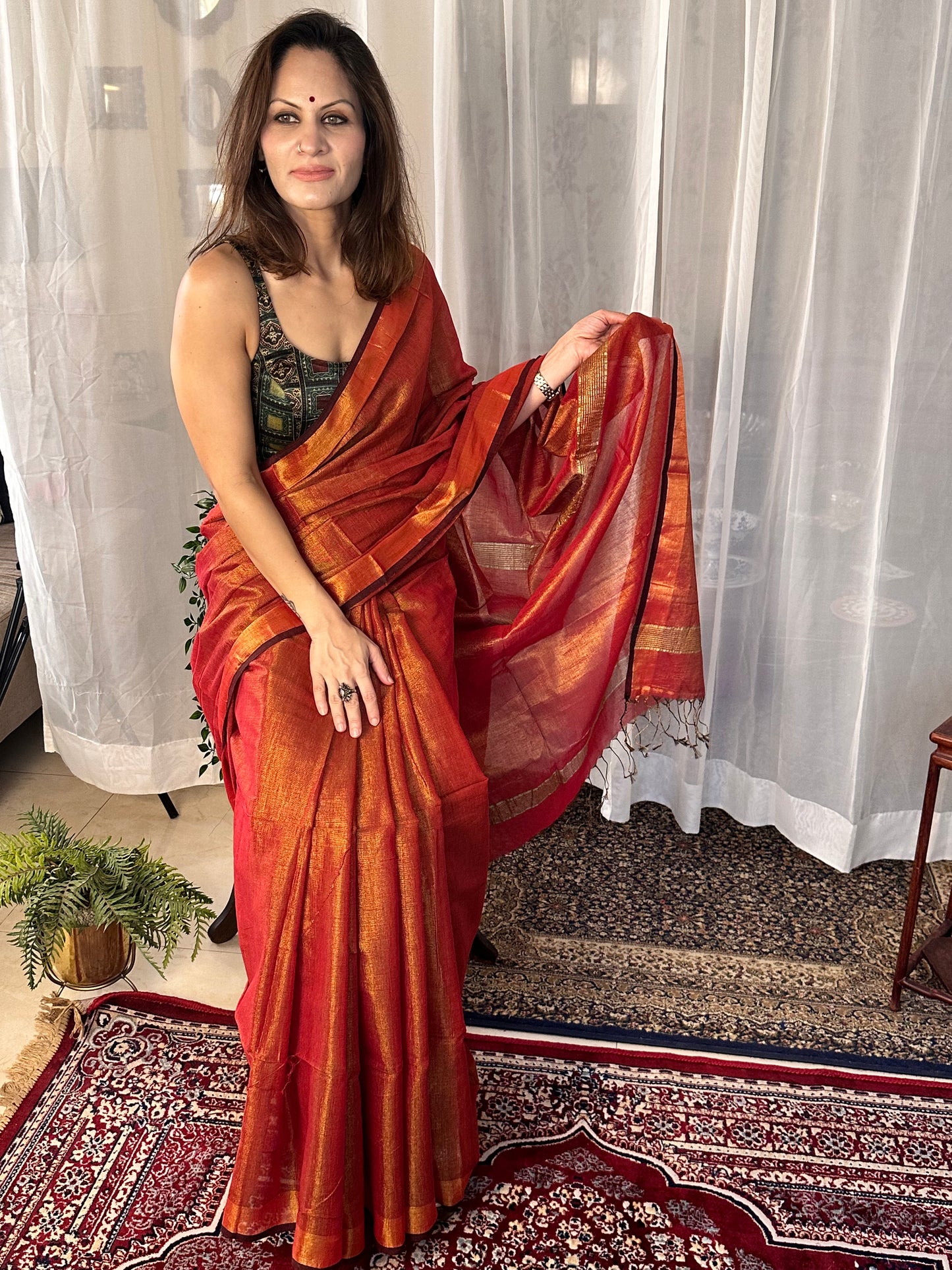 Red Pure Mul Mul Handwoven Tissue Cotton Sari - Raahini