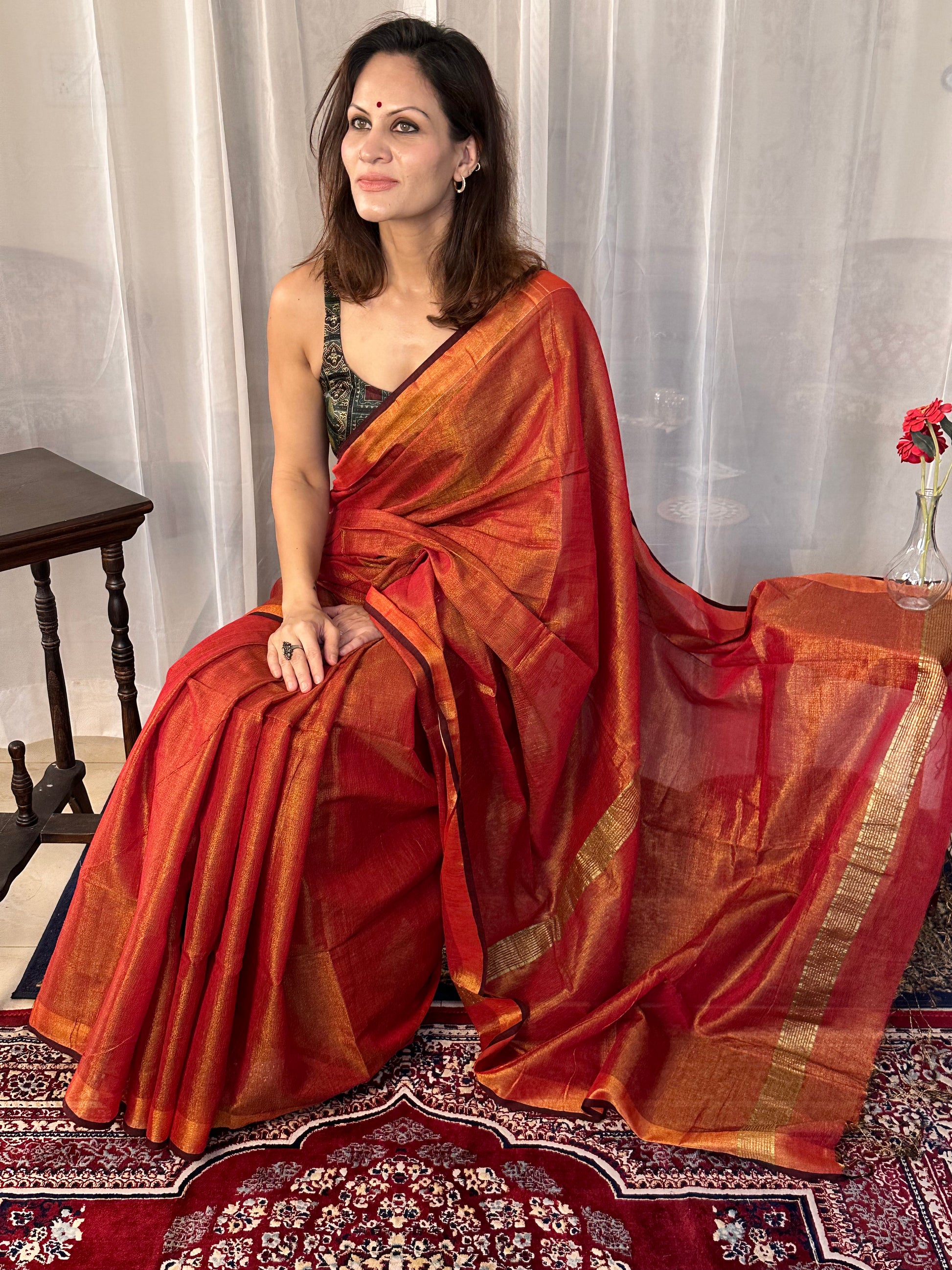 Red Pure Mul Mul Handwoven Tissue Cotton Sari - Raahini