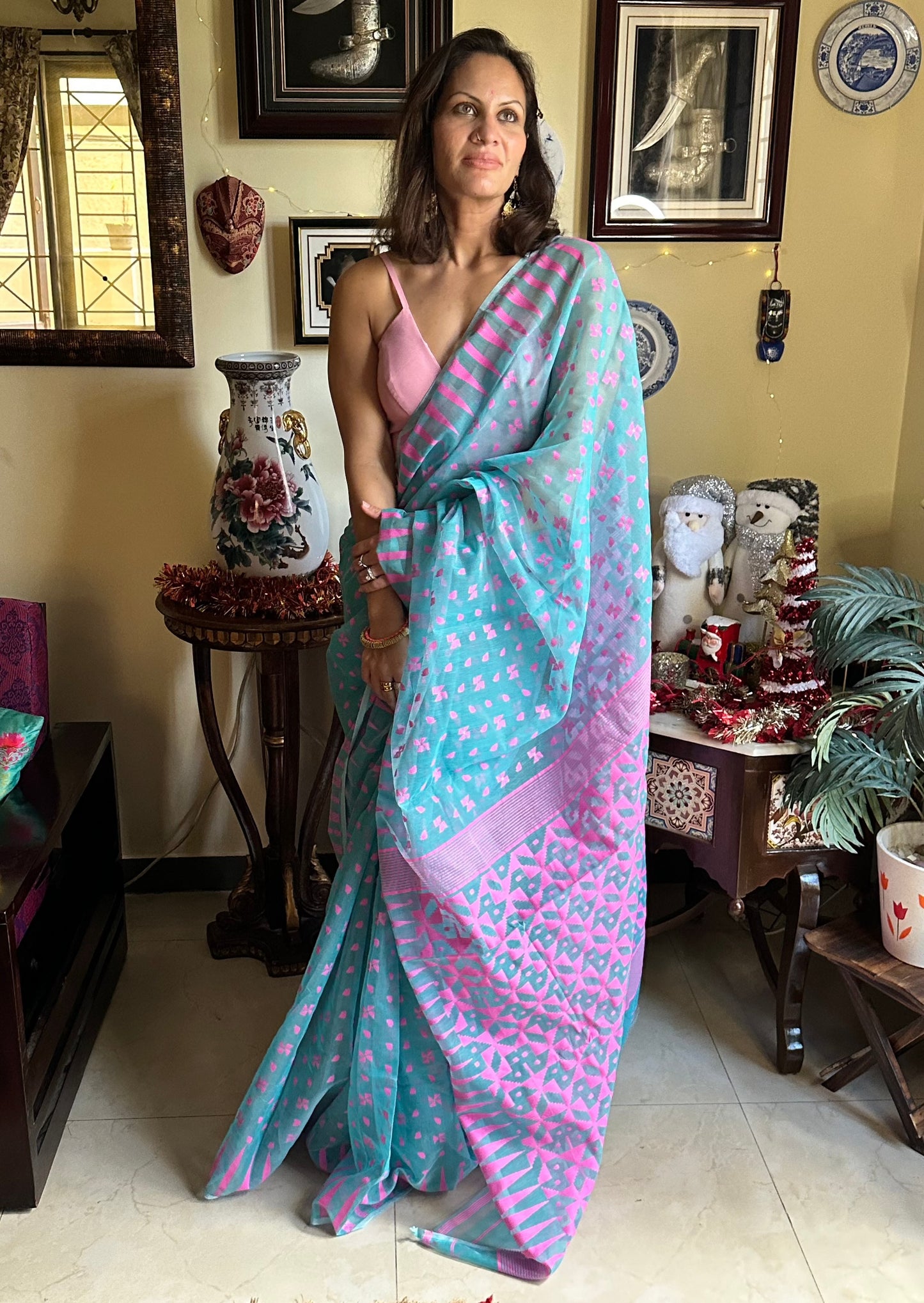 Blue & Pink Cotton Silk Jamdani Sari - Raahini