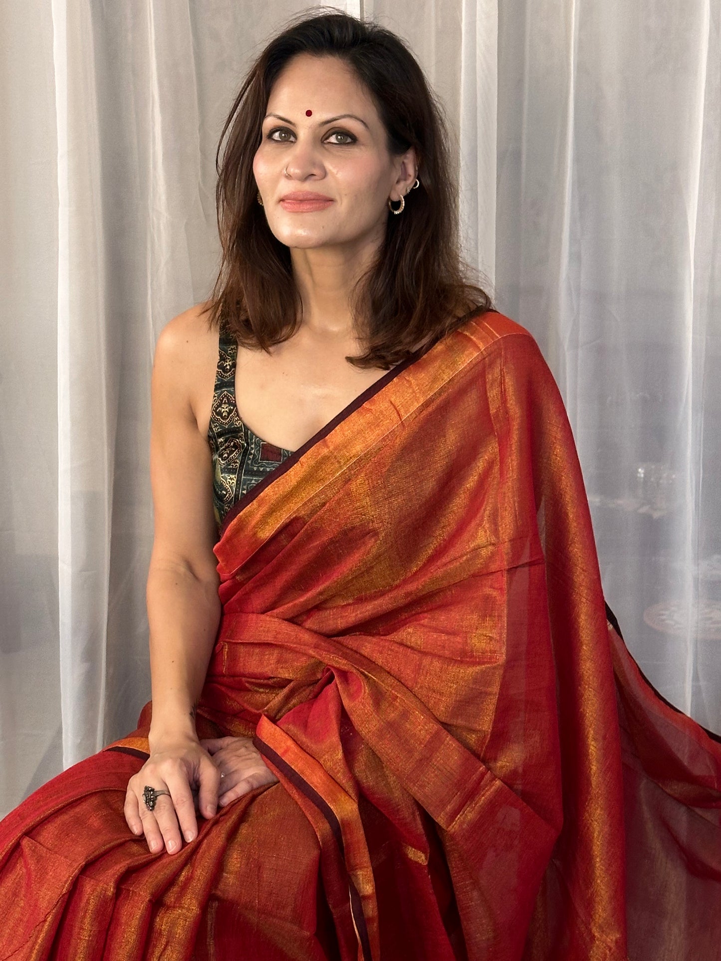 Red Pure Mul Mul Handwoven Tissue Cotton Sari - Raahini