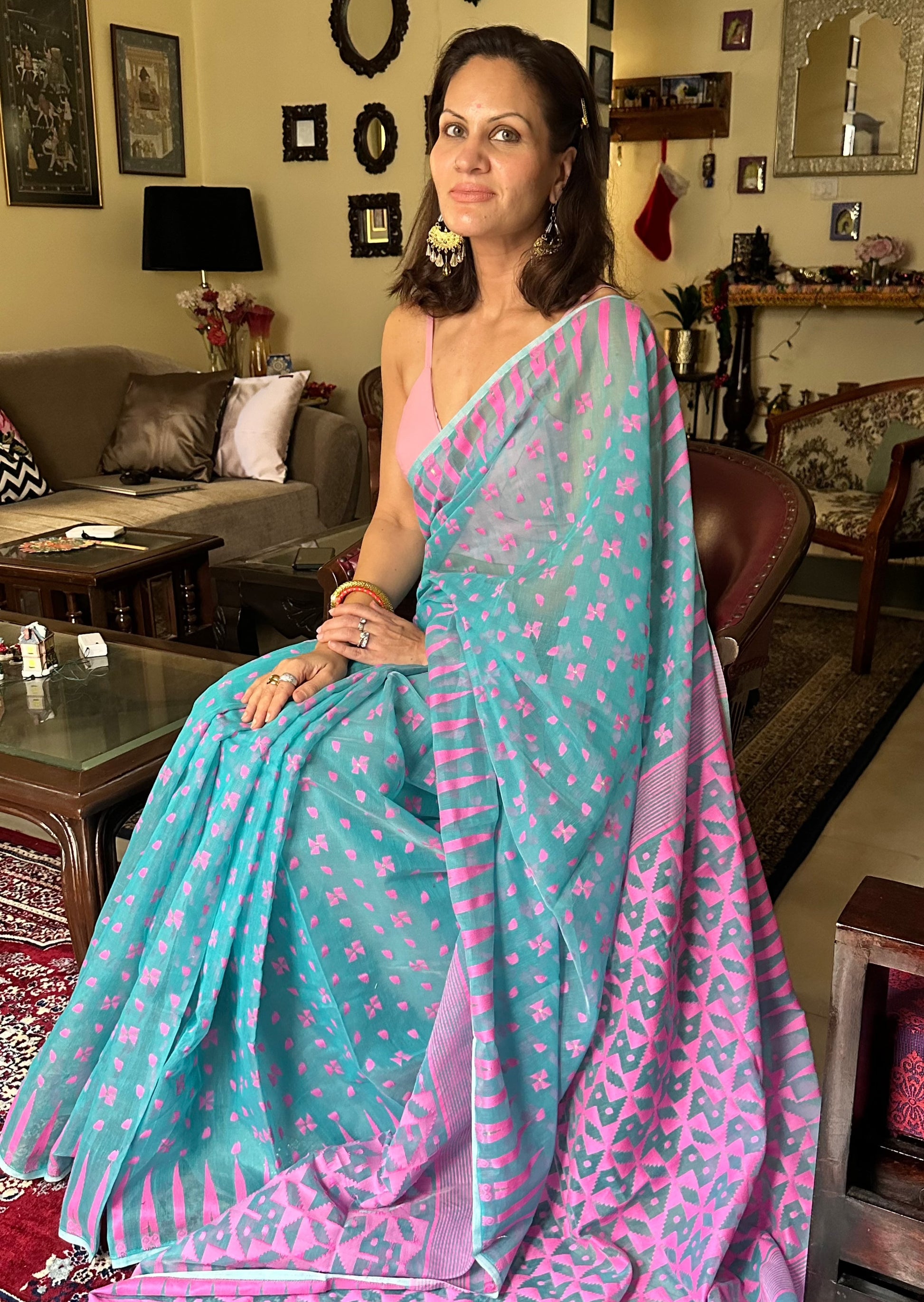 Blue & Pink Cotton Silk Jamdani Sari - Raahini