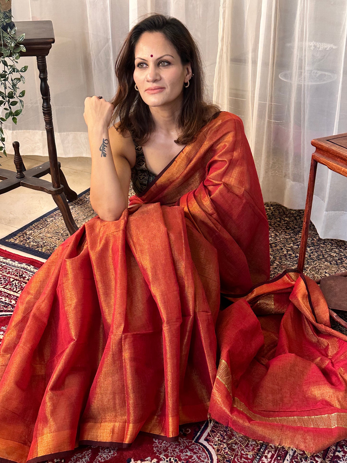 Red Pure Mul Mul Handwoven Tissue Cotton Sari - Raahini