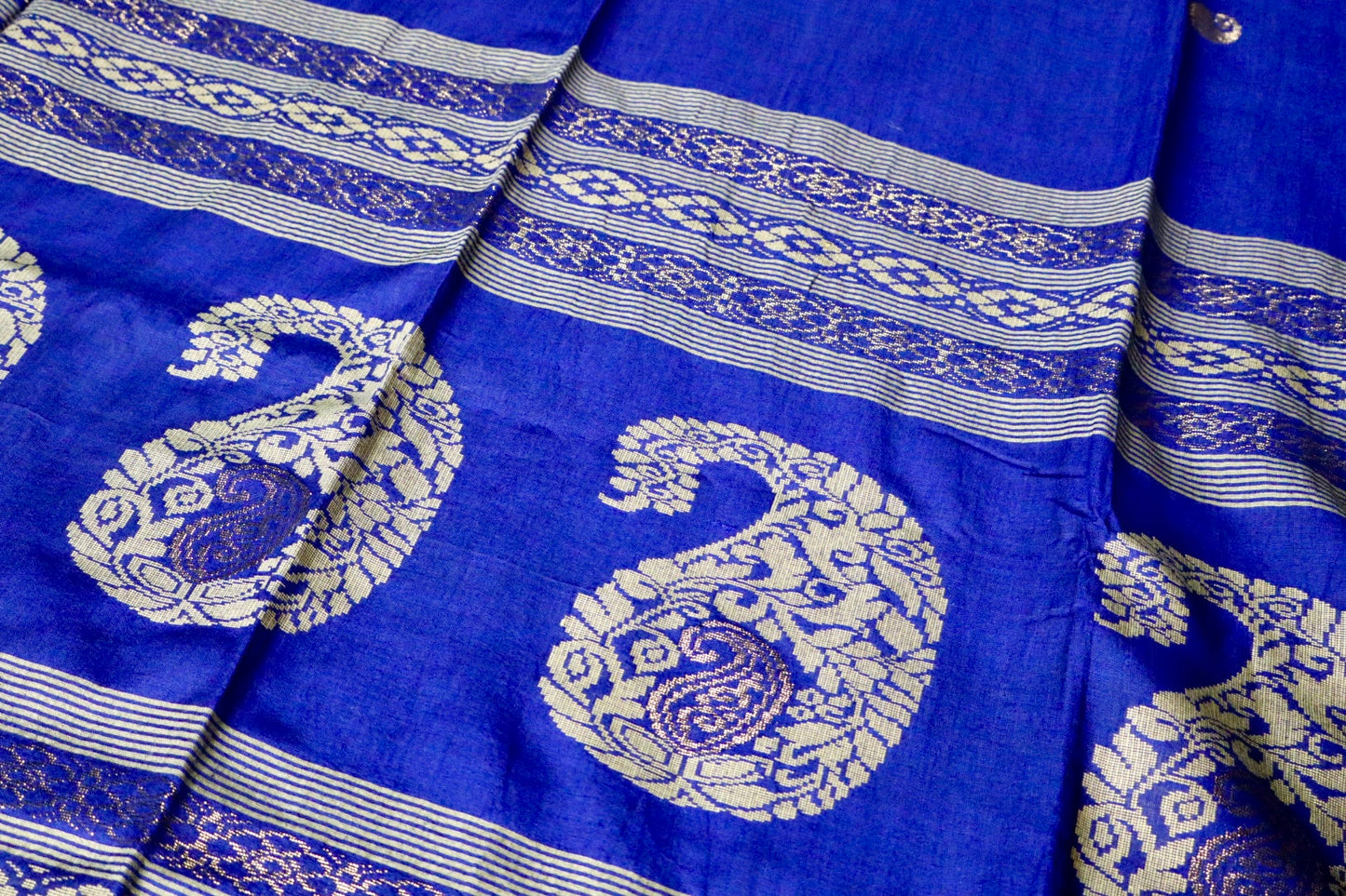 Dark Blue Handloom Cotton Jamdani Saree with Intricate Work on Body and Ambi Pallu