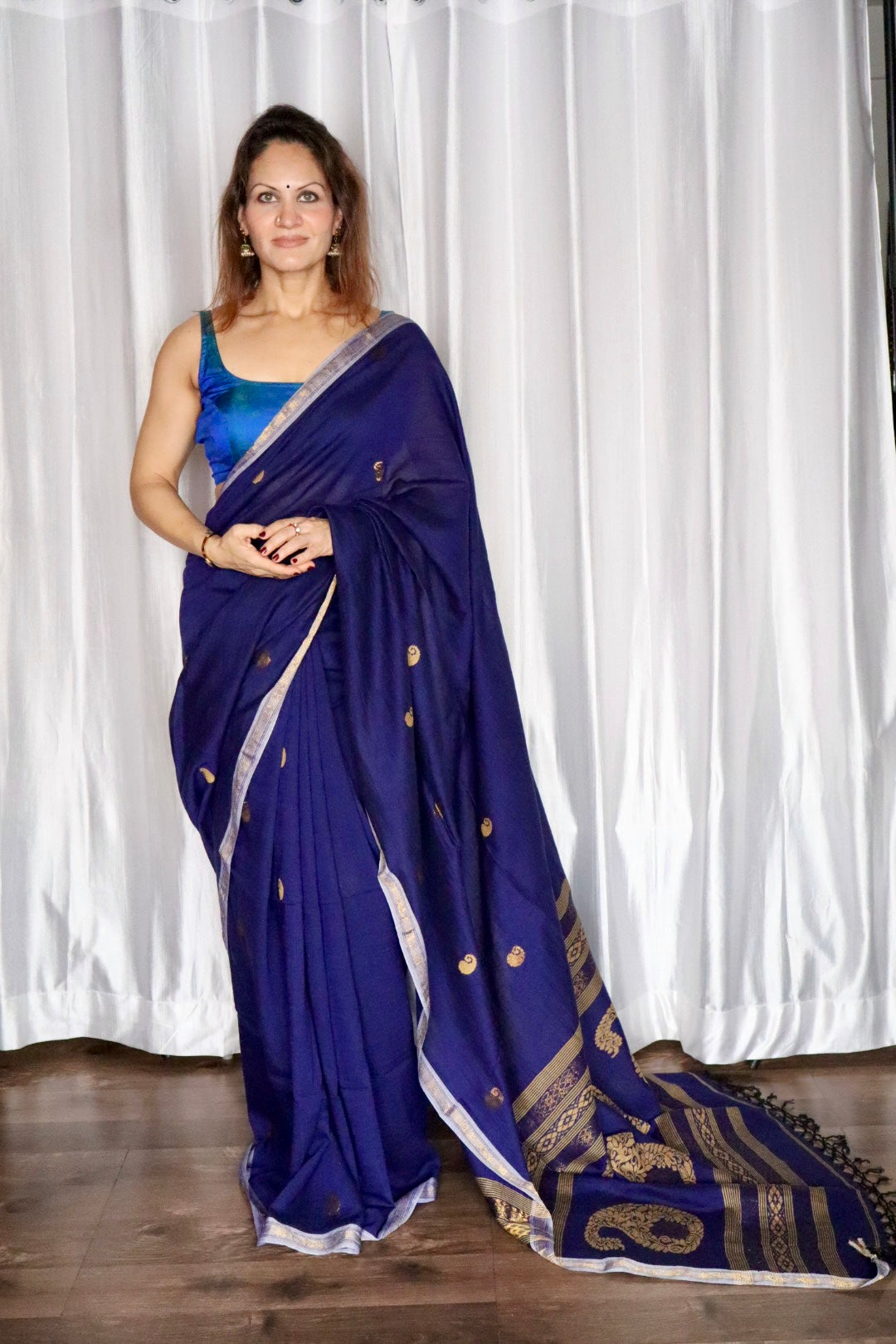 Dark Blue Handloom Cotton Jamdani Saree with Intricate Work on Body and Ambi Pallu