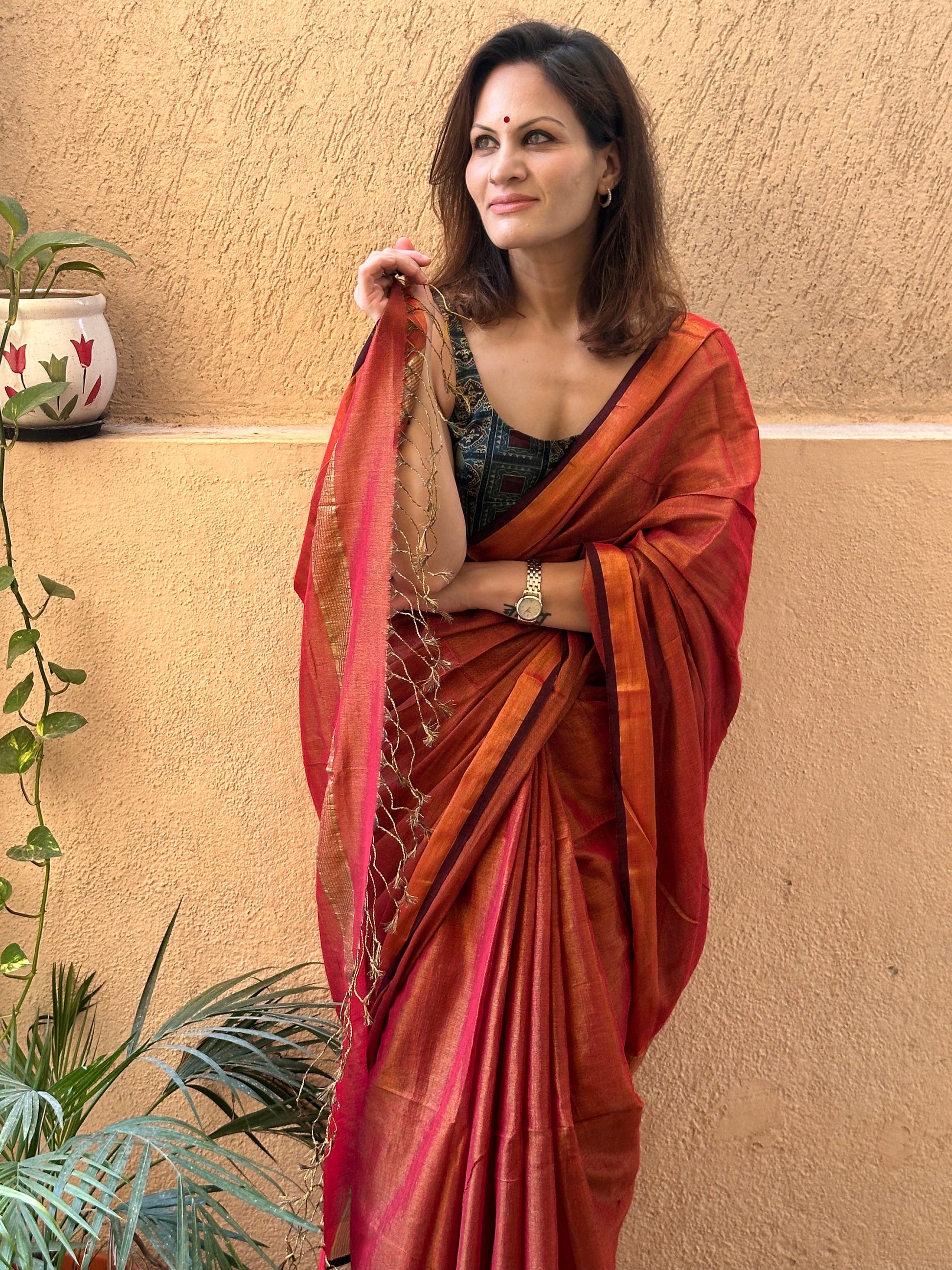 Red Pure Mul Mul Handwoven Tissue Cotton Sari - Raahini