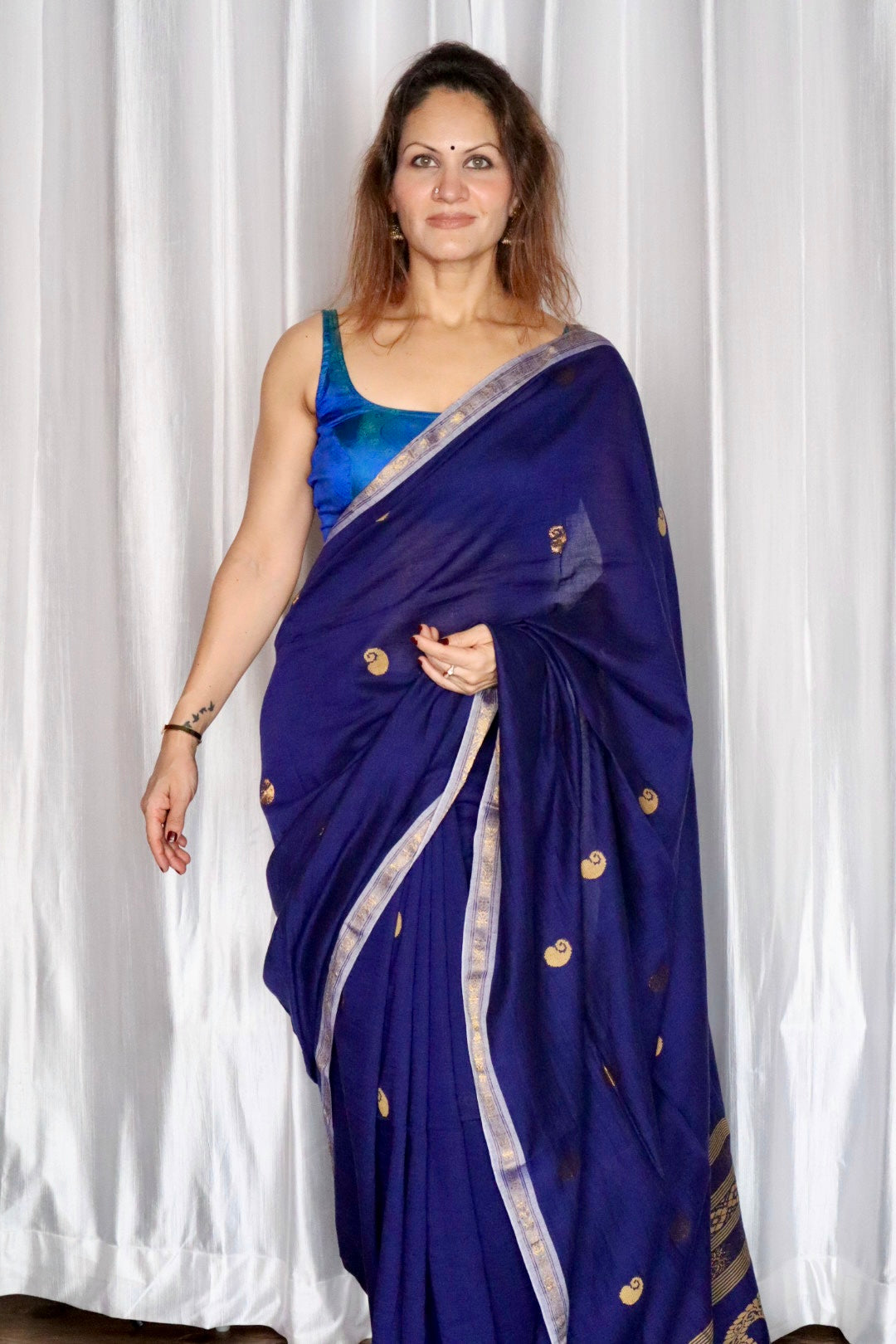 Dark Blue Handloom Cotton Jamdani Saree with Intricate Work on Body and Ambi Pallu