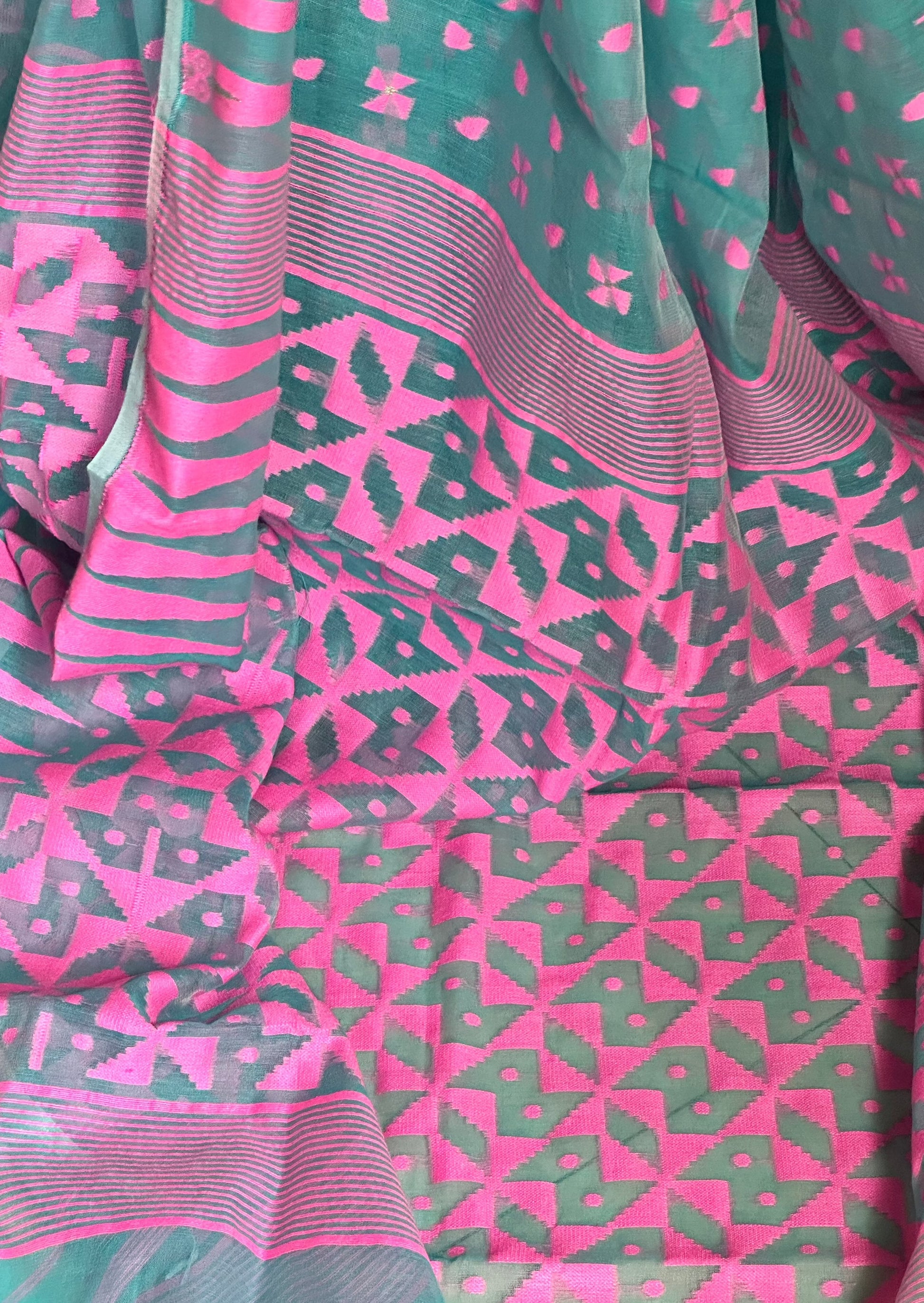 Blue & Pink Cotton Silk Jamdani Sari - Raahini