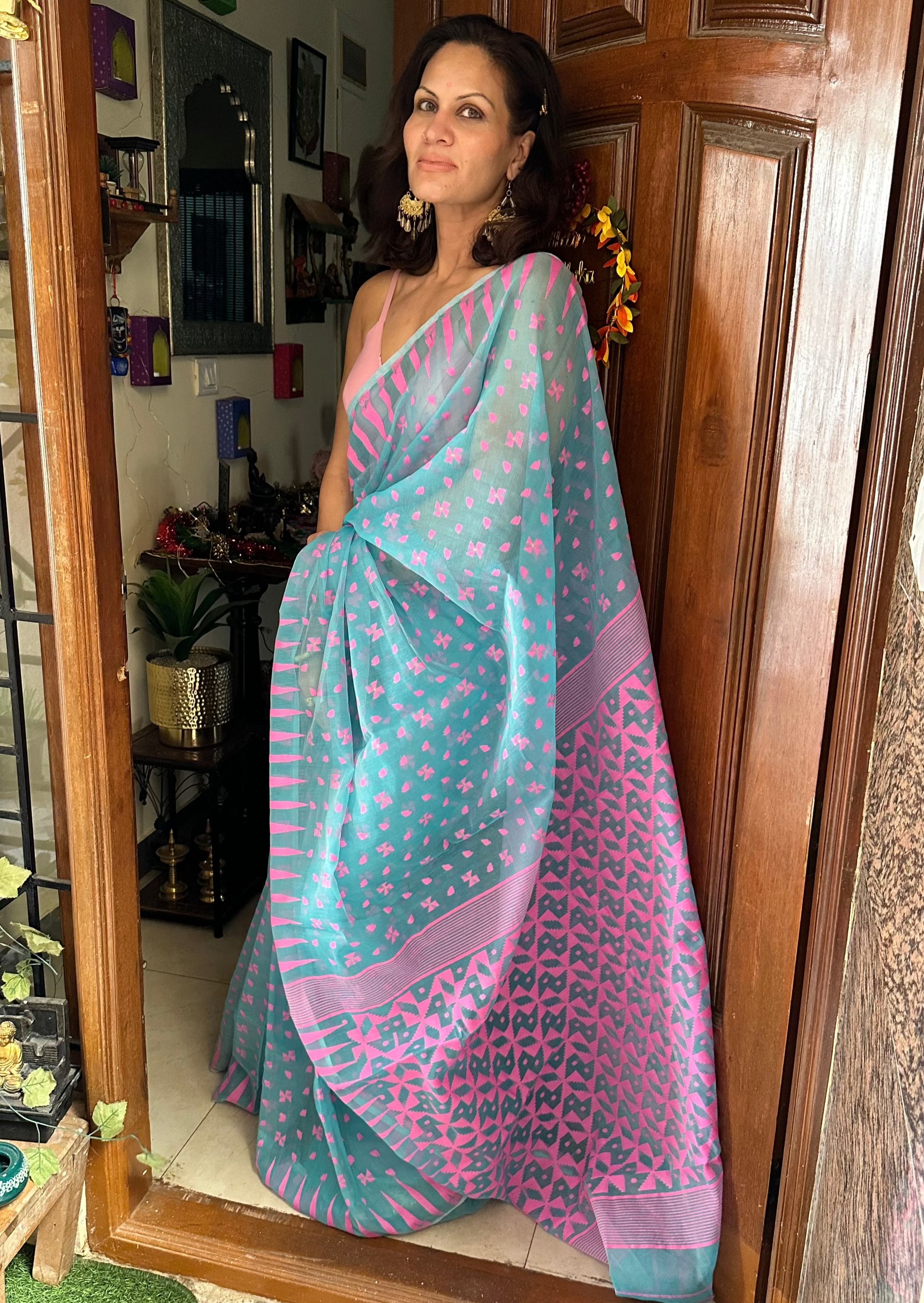 Blue & Pink Cotton Silk Jamdani Sari - Raahini