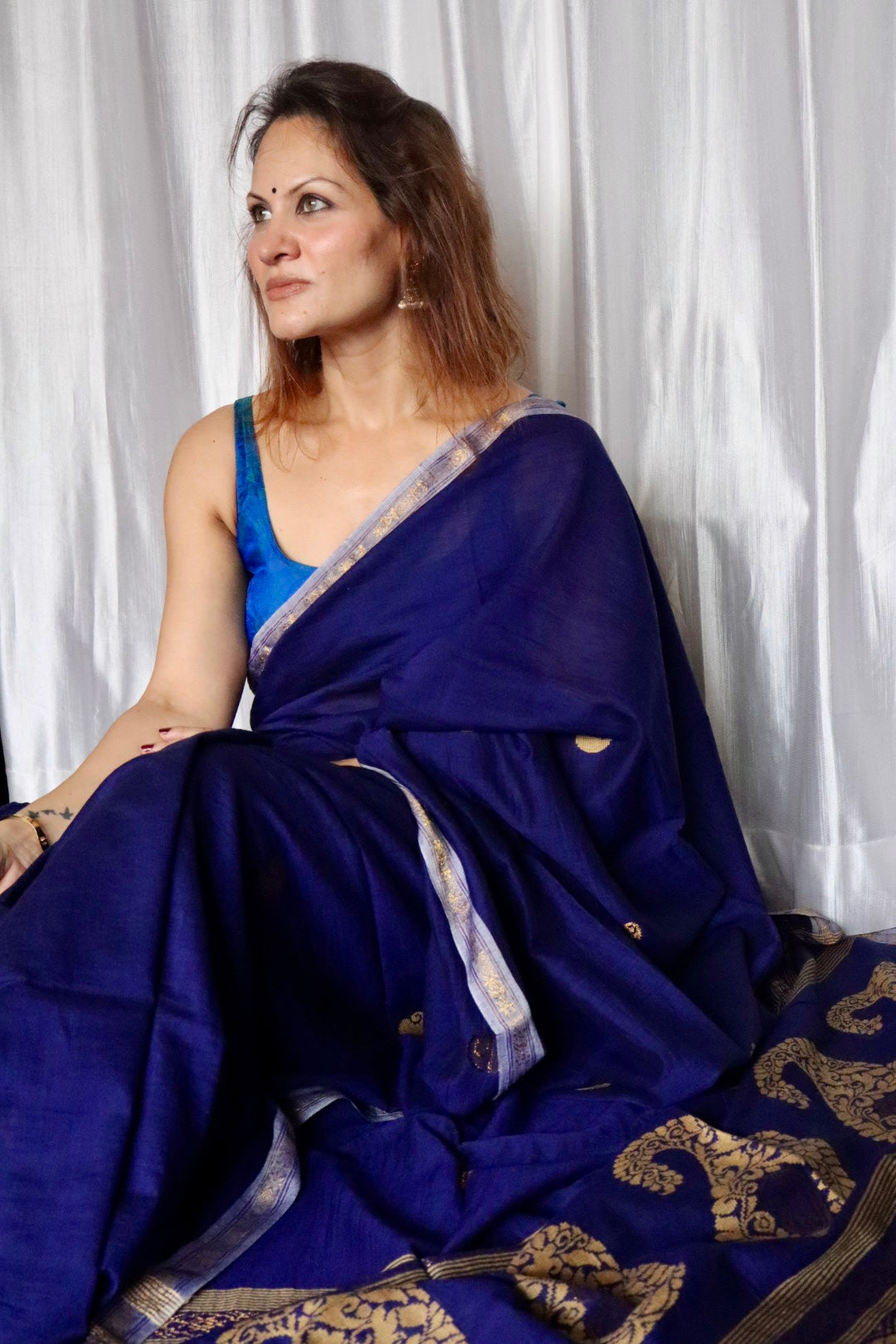 Dark Blue Handloom Cotton Jamdani Saree with Intricate Work on Body and Ambi Pallu