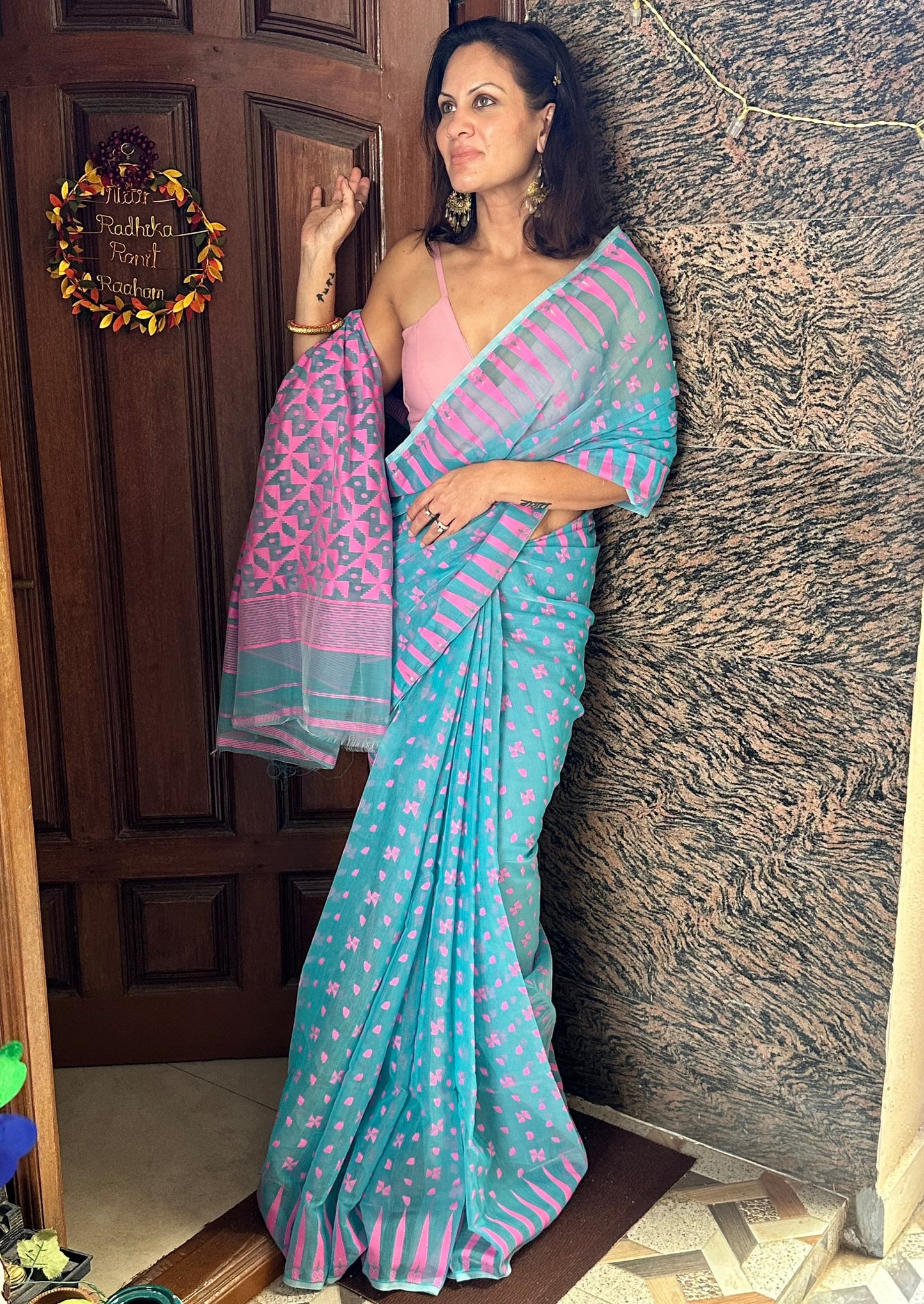 Blue & Pink Cotton Silk Jamdani Sari - Raahini