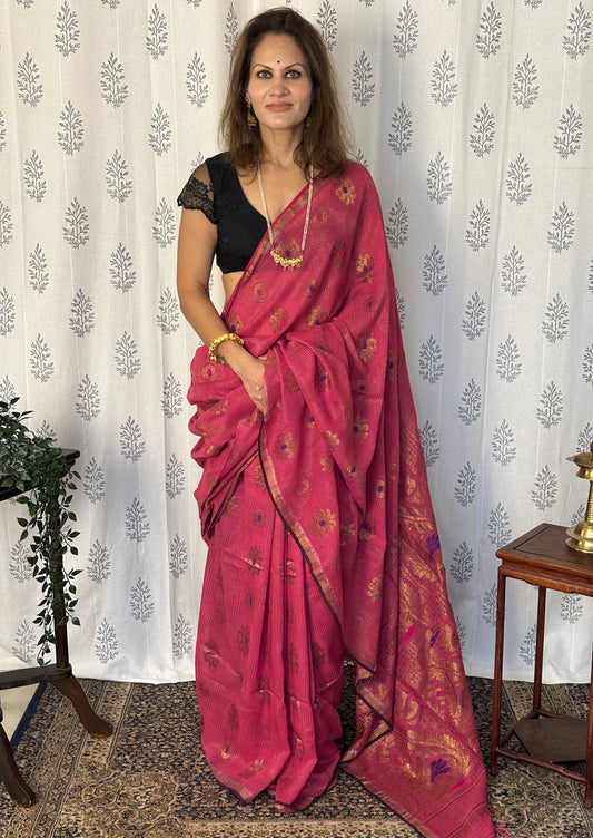 Rani Pink Pure Cotton Jamdani Saree with Intricate Zari Work