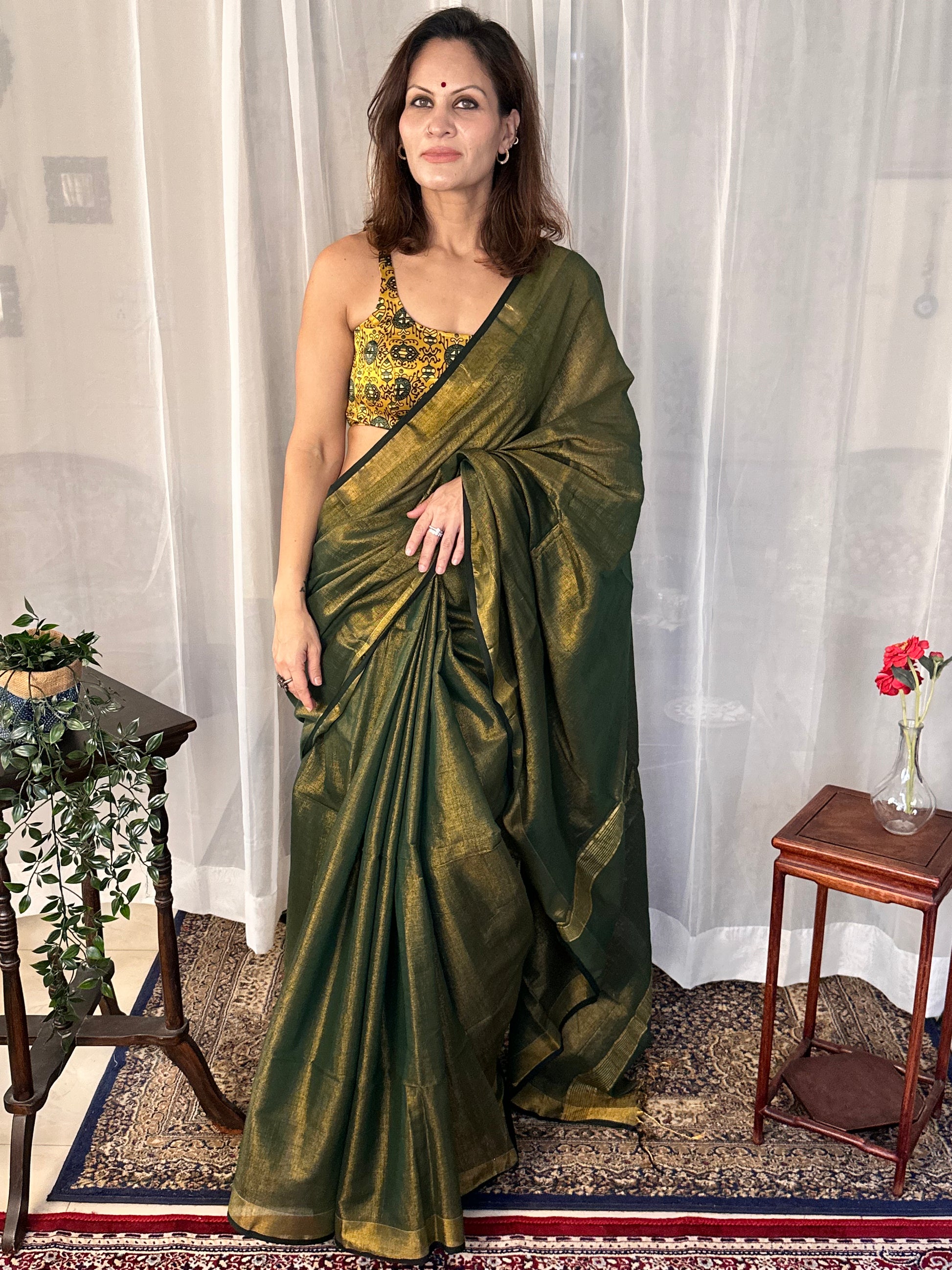 Green Pure Mul Mul Handwoven Tissue Cotton Sari - Raahini