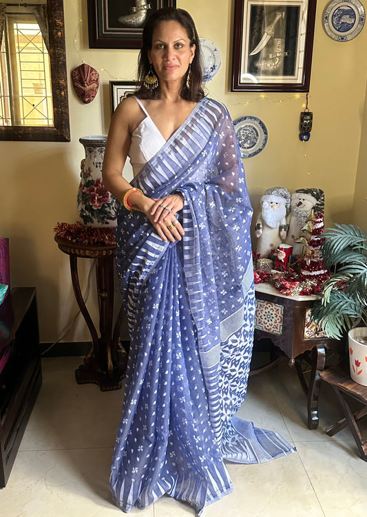 Blue Cotton Silk Jamdani Sari - Raahini