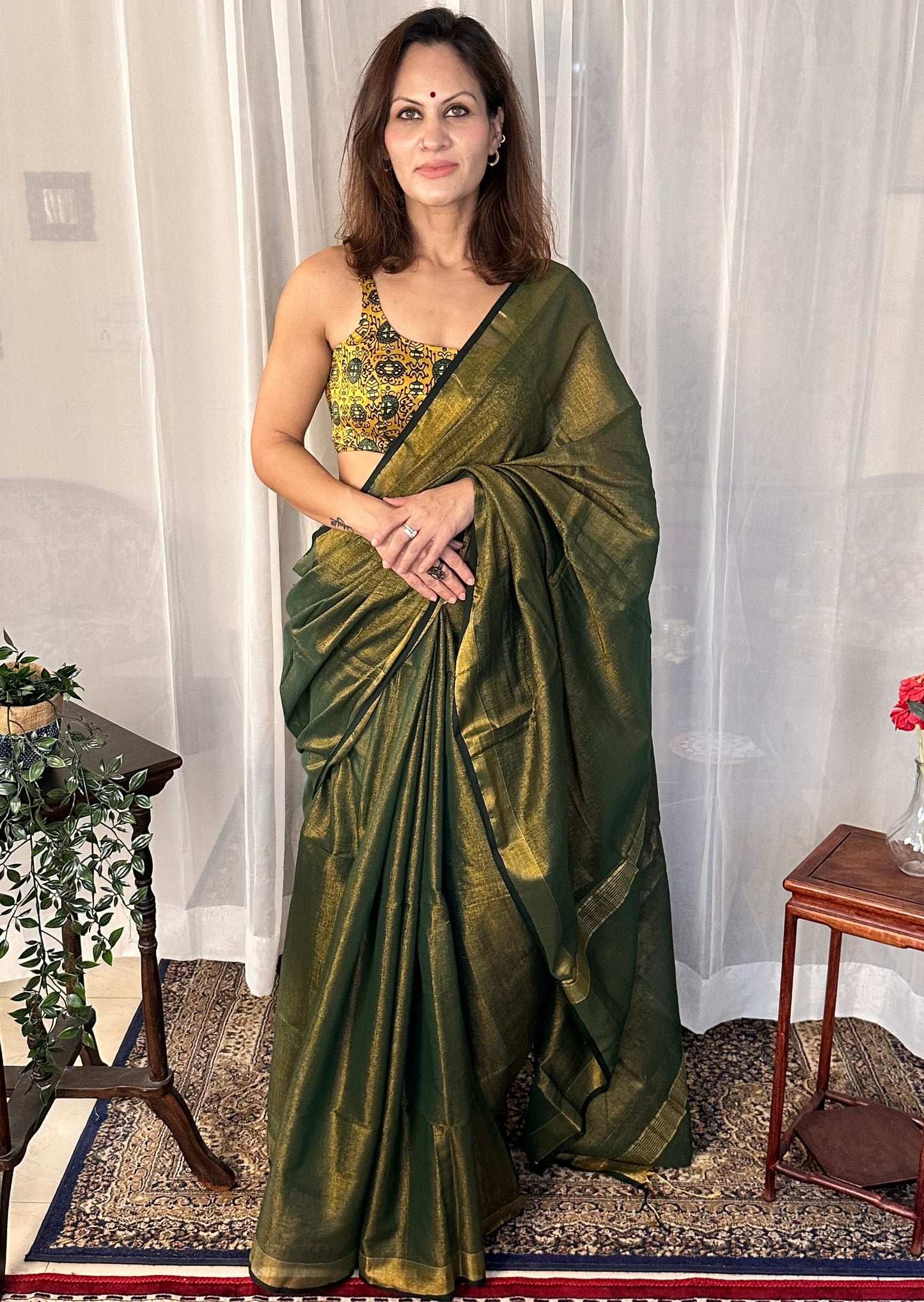 Green Pure Mul Mul Handwoven Tissue Cotton Sari - Raahini