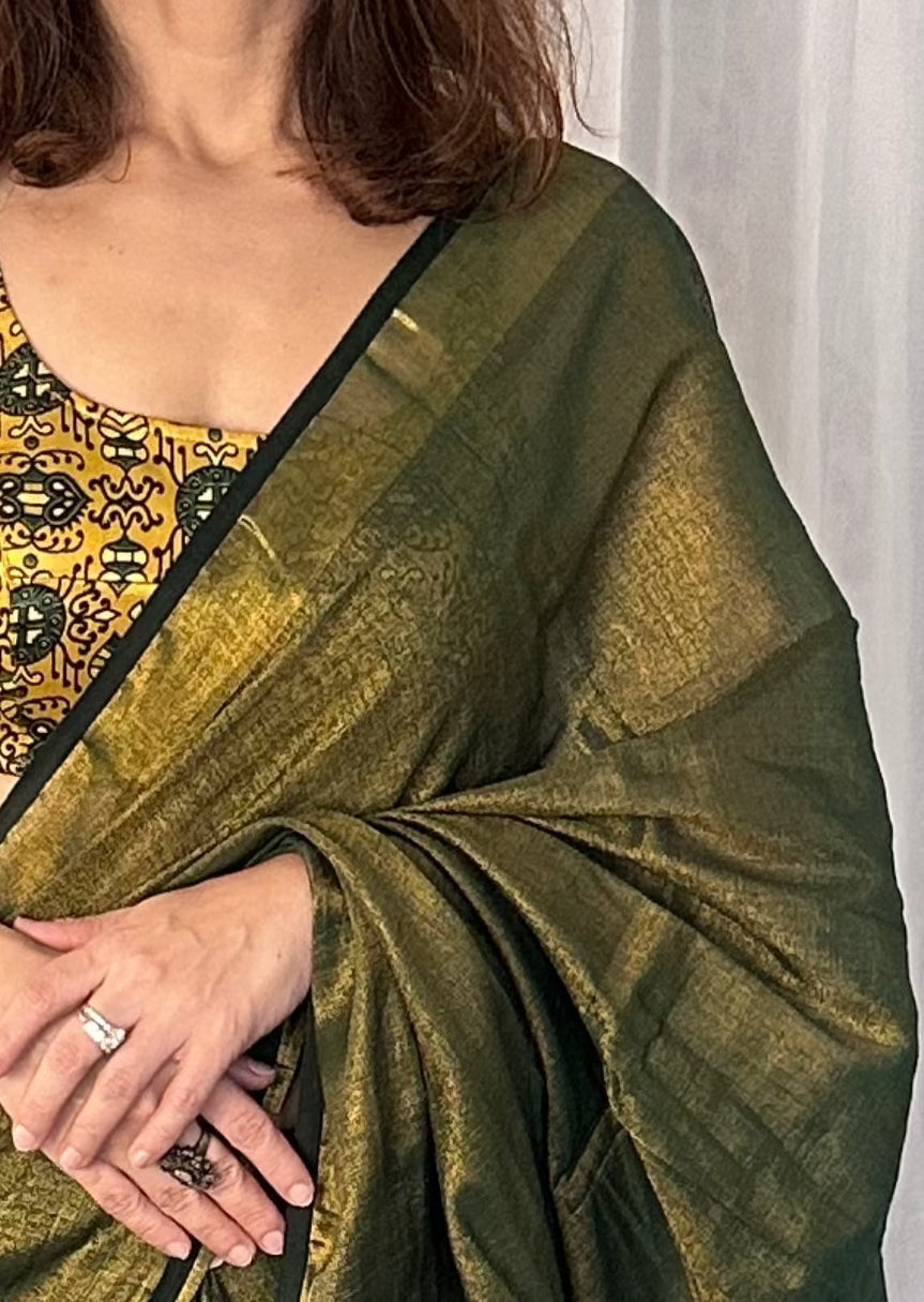 Green Pure Mul Mul Handwoven Tissue Cotton Sari - Raahini