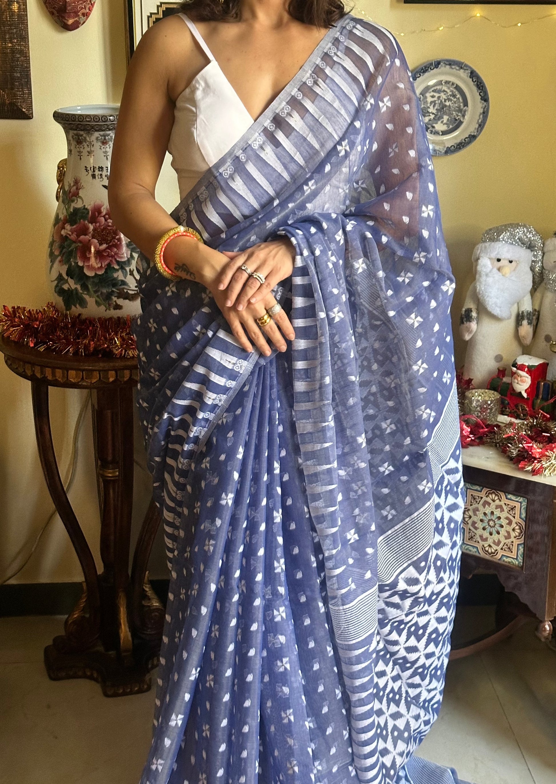 Blue Cotton Silk Jamdani Sari - Raahini