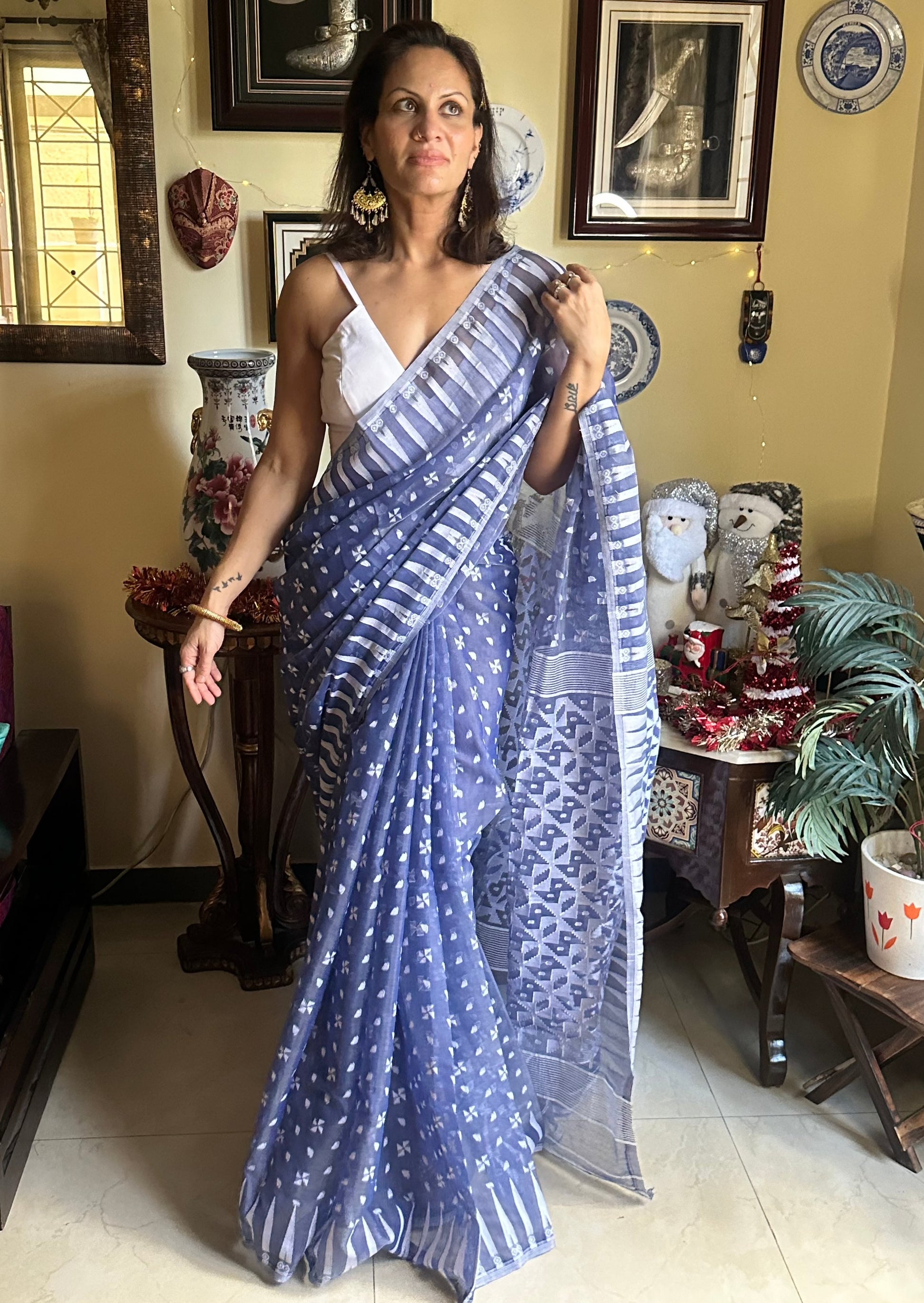 Blue Cotton Silk Jamdani Sari - Raahini