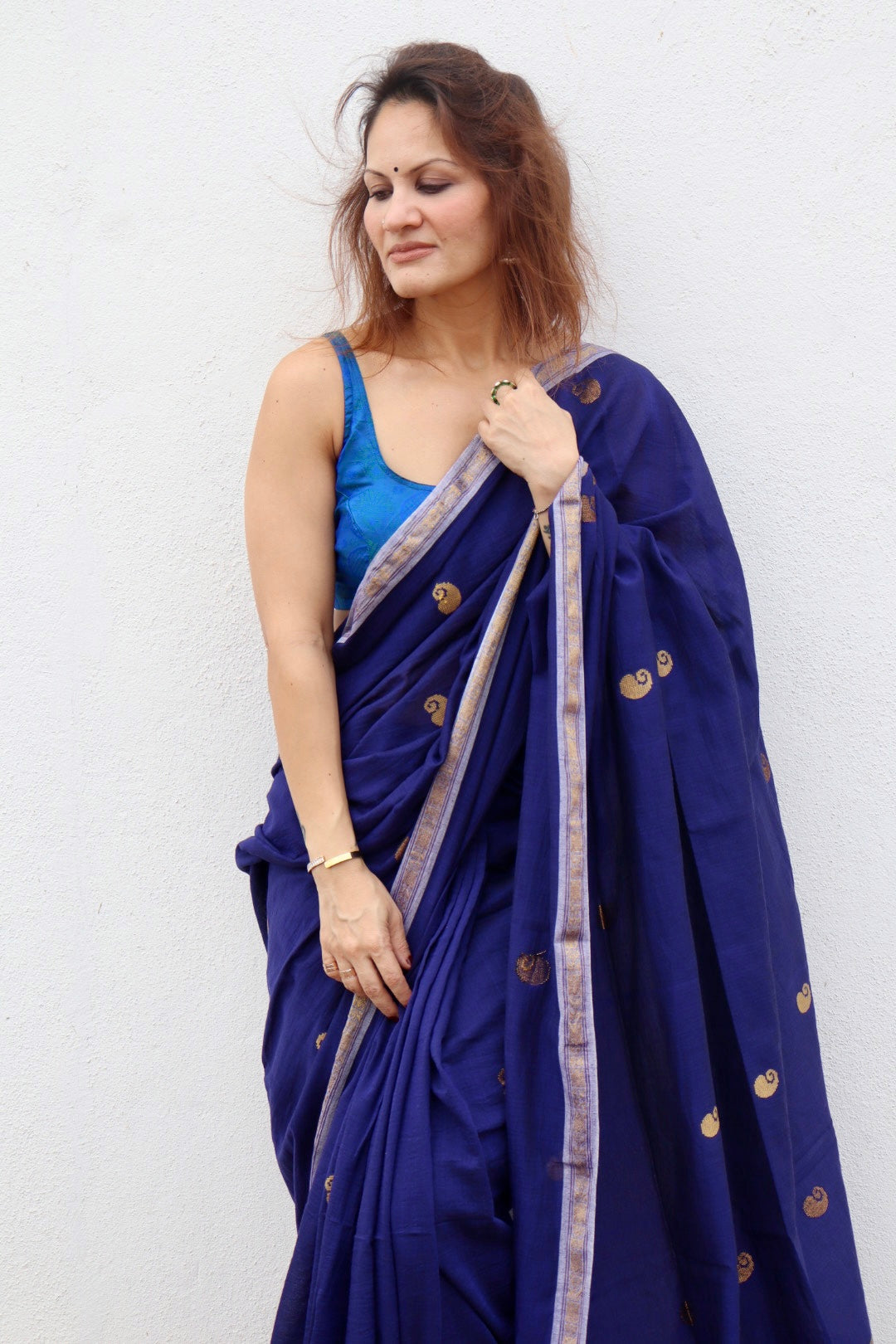 Dark Blue Handloom Cotton Jamdani Saree with Intricate Work on Body and Ambi Pallu