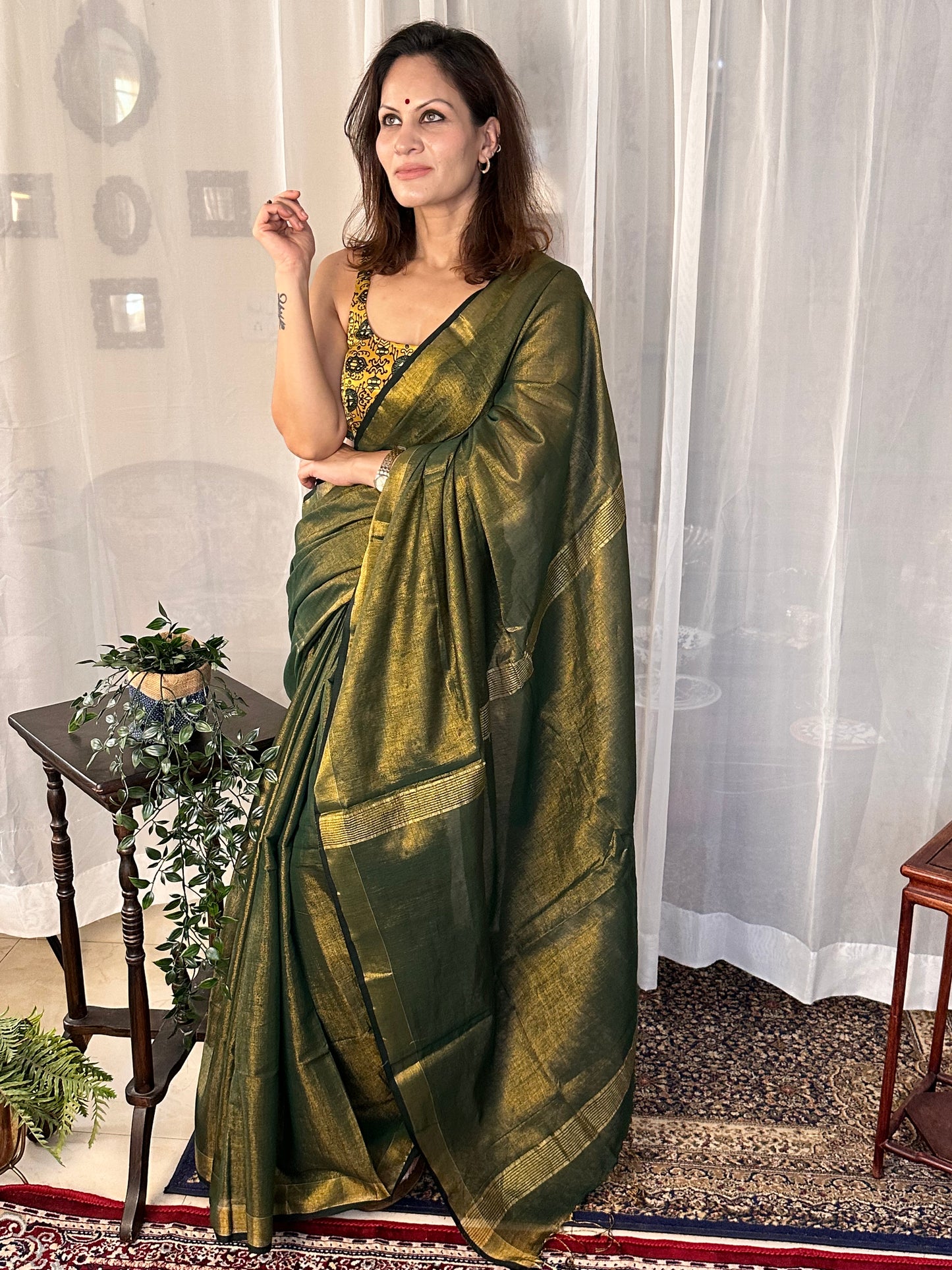 Green Pure Mul Mul Handwoven Tissue Cotton Sari - Raahini