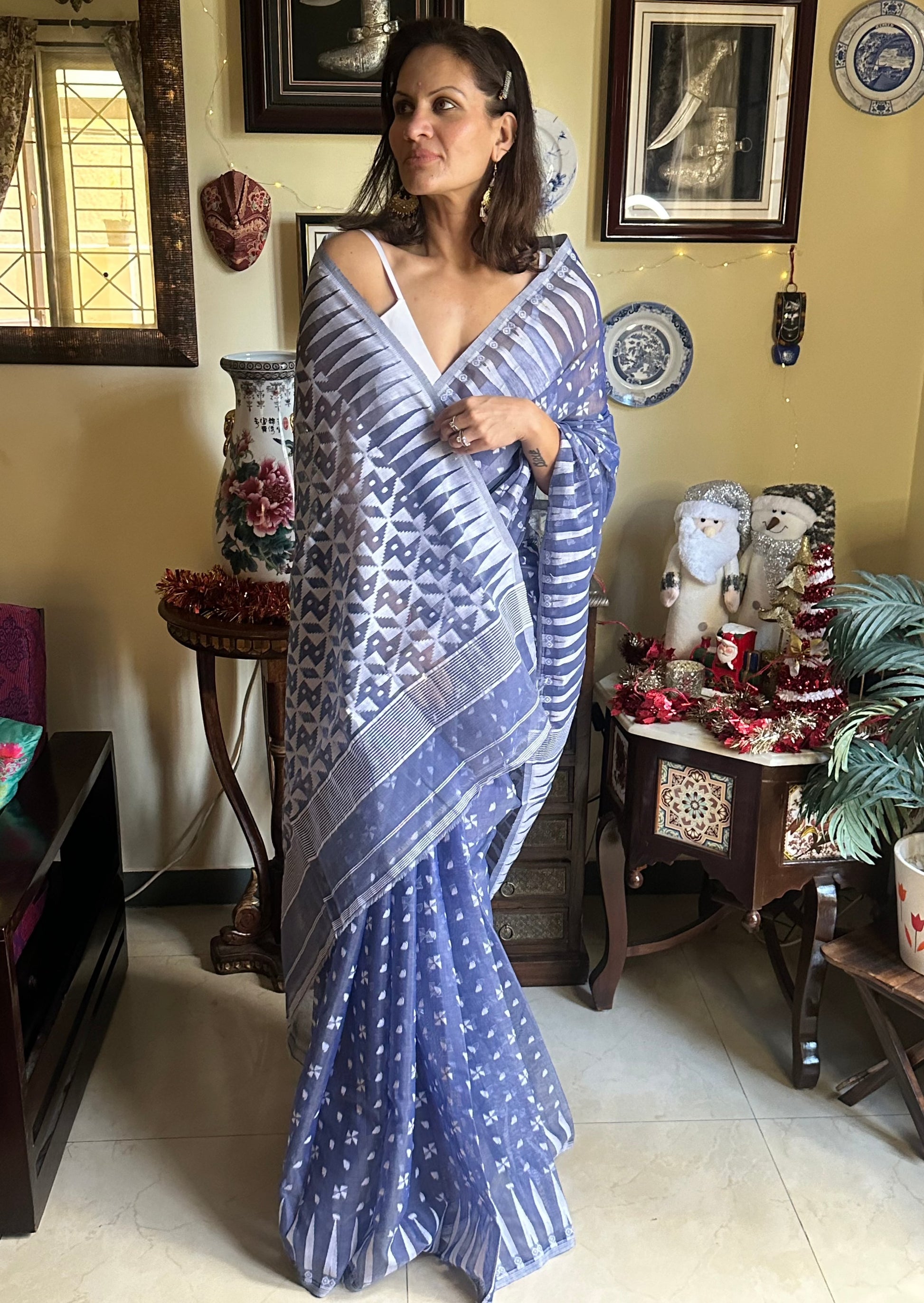 Blue Cotton Silk Jamdani Sari - Raahini