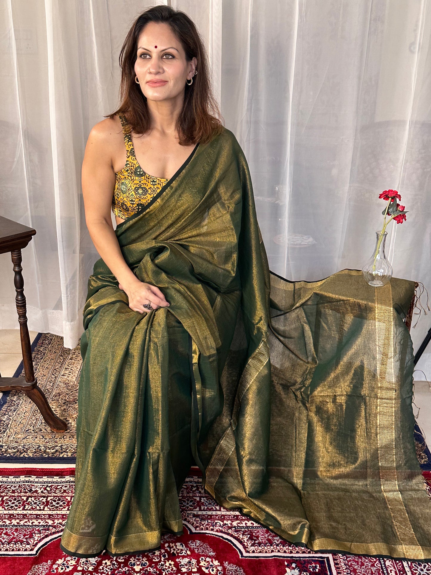 Green Pure Mul Mul Handwoven Tissue Cotton Sari - Raahini