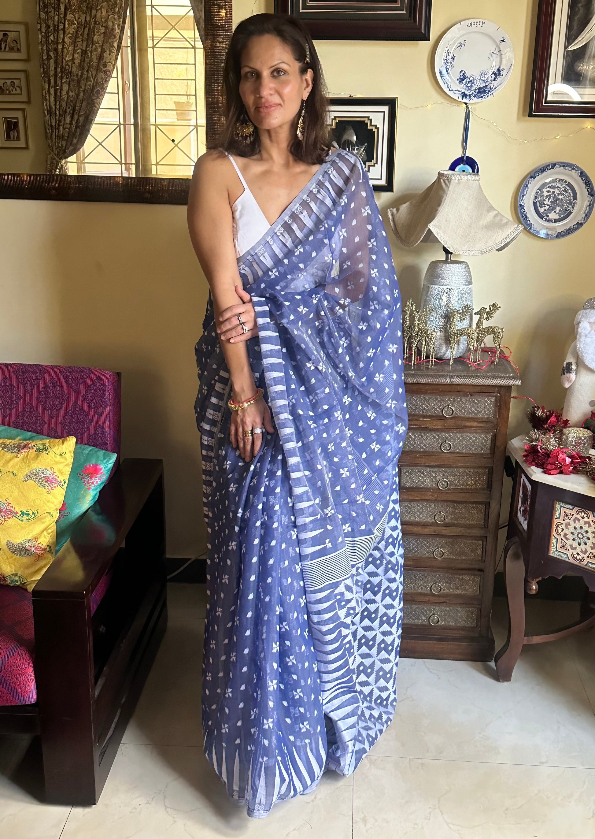 Blue Cotton Silk Jamdani Sari - Raahini