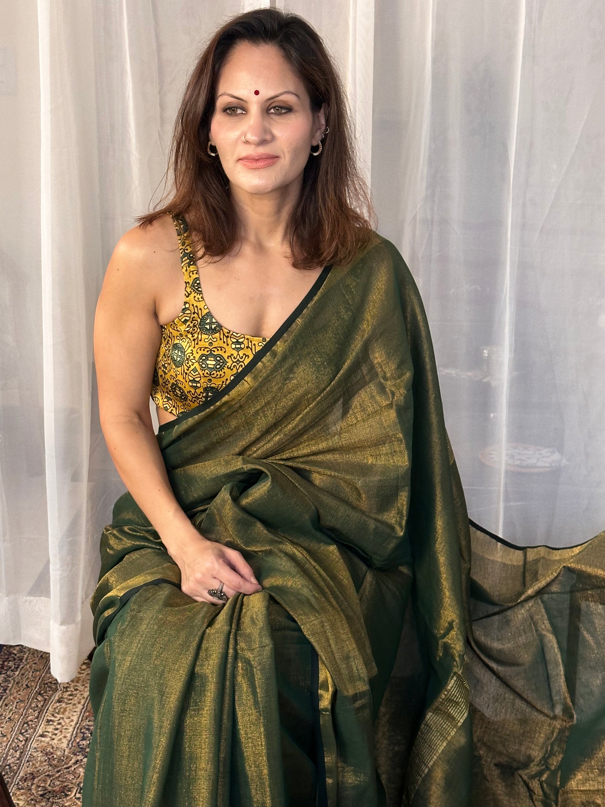 Green Pure Mul Mul Handwoven Tissue Cotton Sari - Raahini