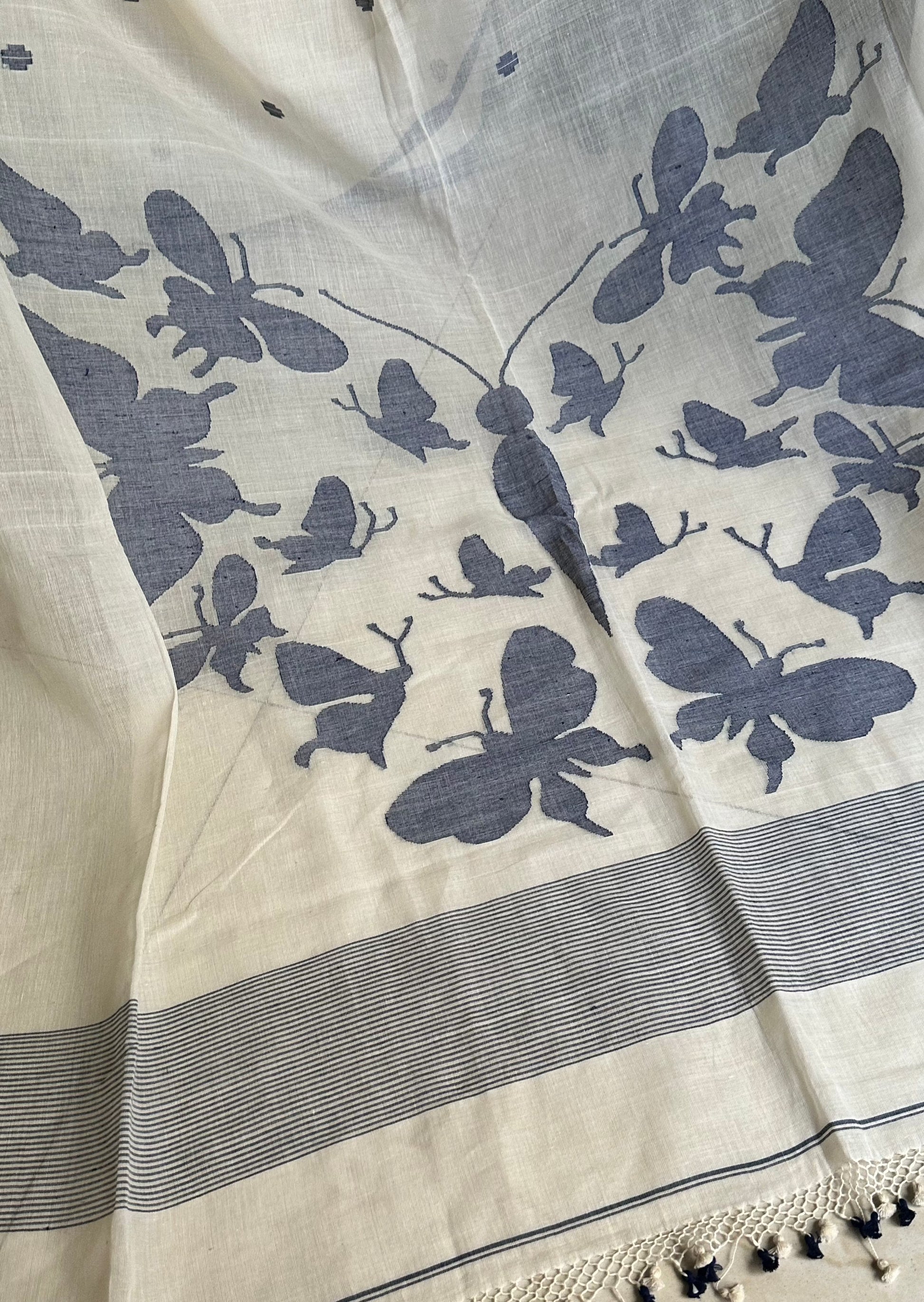 Hand Spun Pure Fine Cotton Jamdani with Woven Butterflies - Raahini