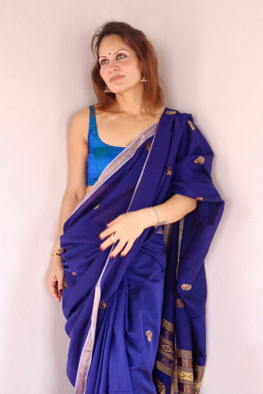 Dark Blue Handloom Cotton Jamdani Saree with Intricate Work on Body and Ambi Pallu