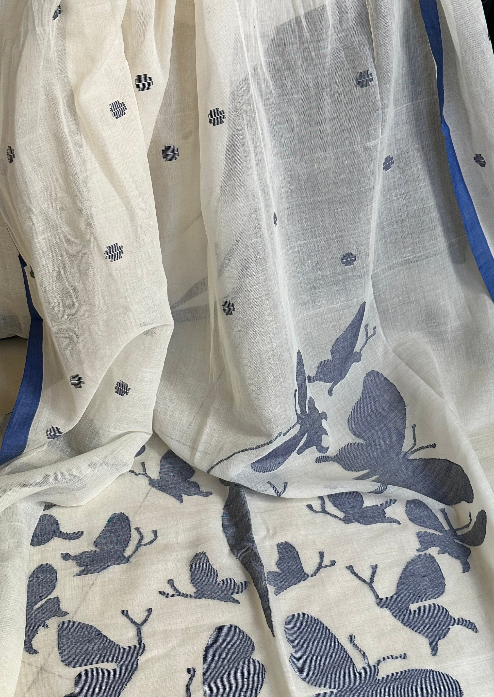 Hand Spun Pure Fine Cotton Jamdani with Woven Butterflies - Raahini