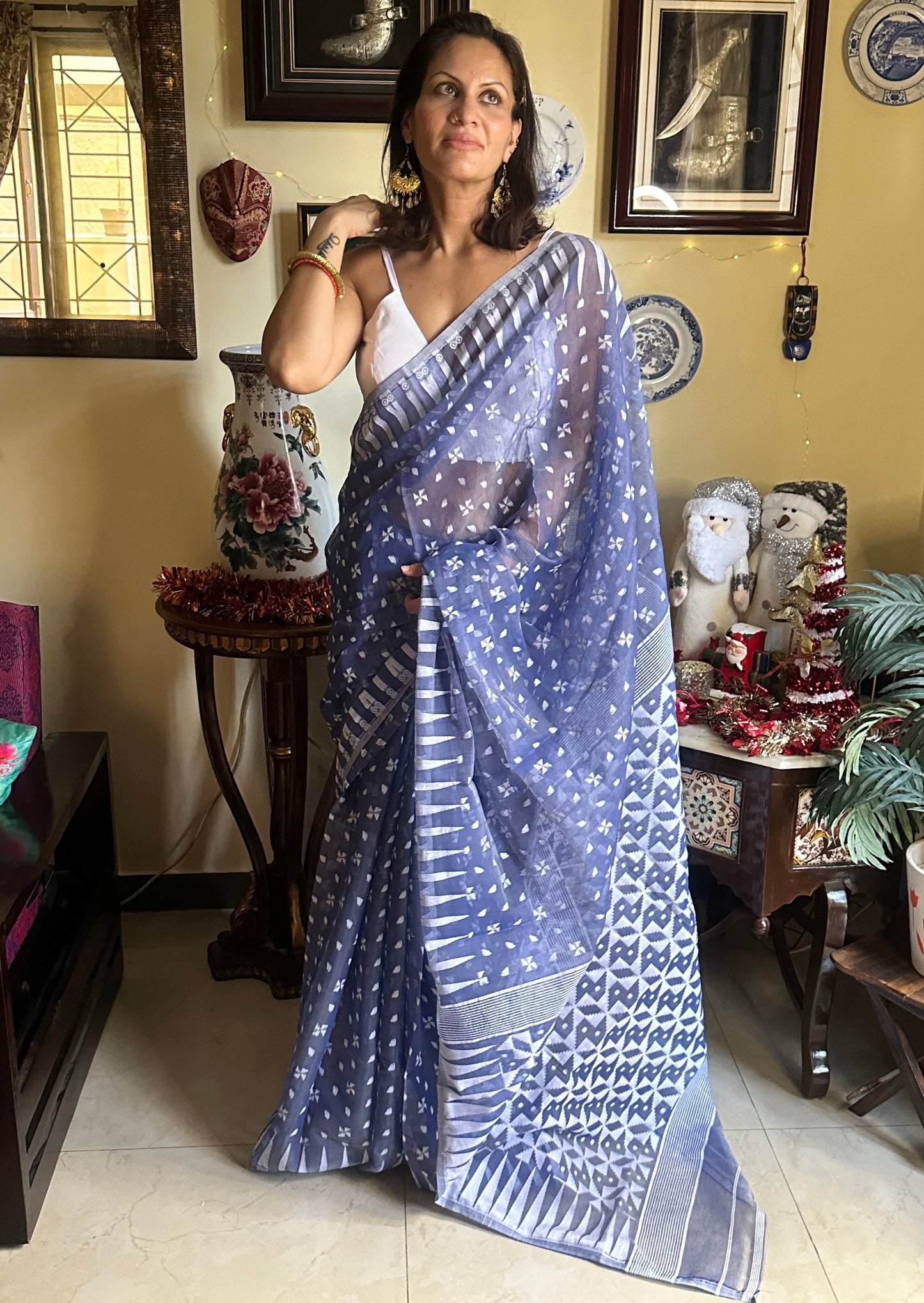 Blue Cotton Silk Jamdani Sari - Raahini