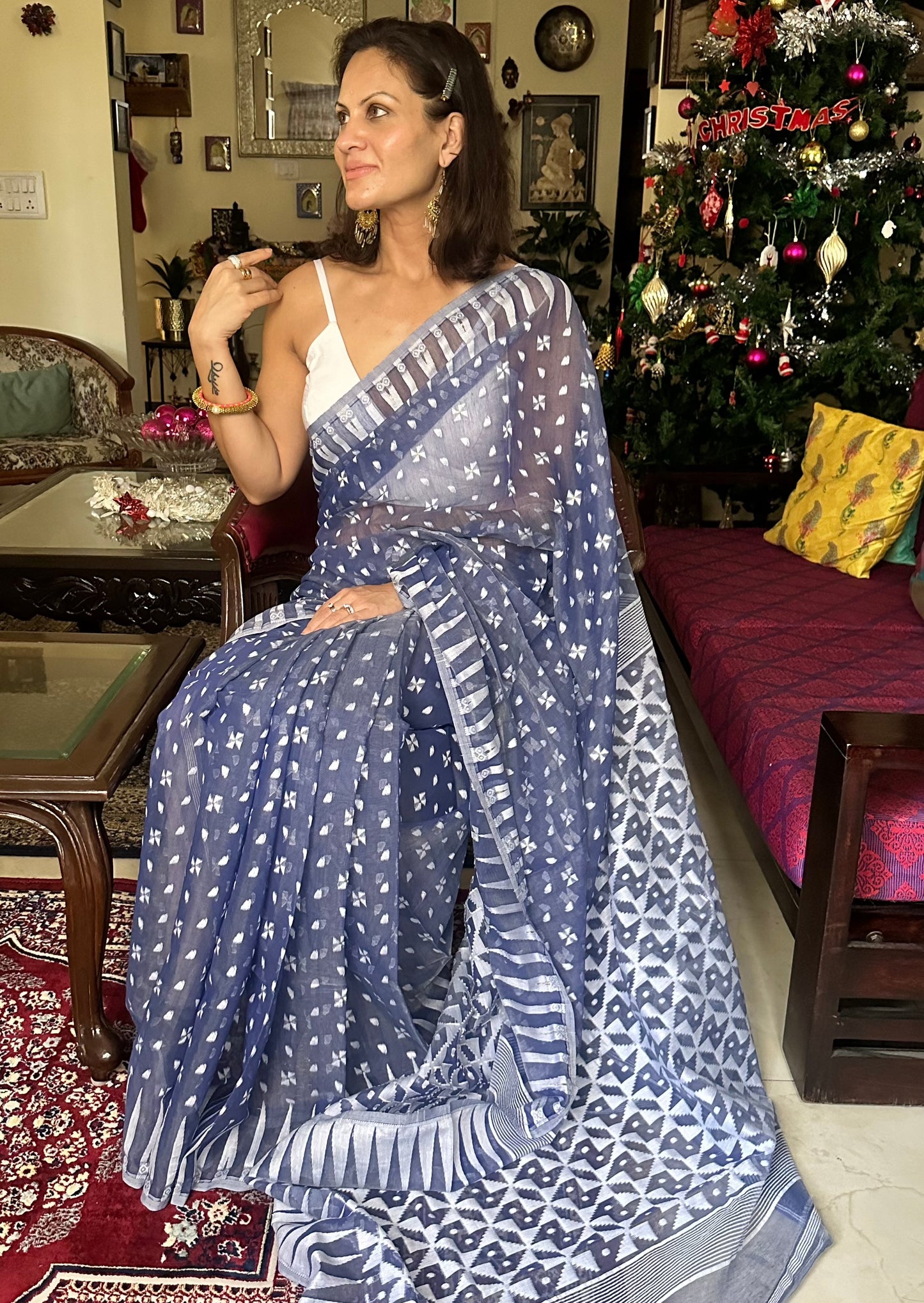 Blue Cotton Silk Jamdani Sari - Raahini