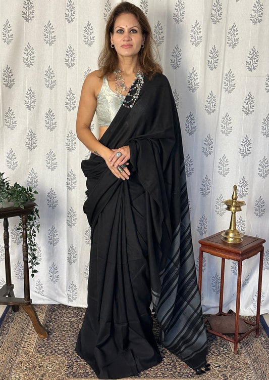 Black Cotton and Wool Blend Saree