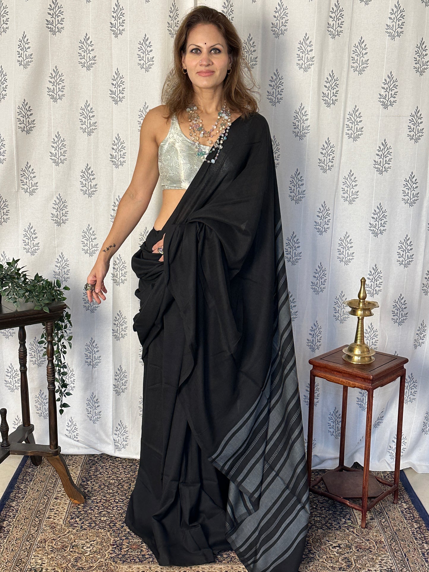 Black Cotton and Wool Blend Saree