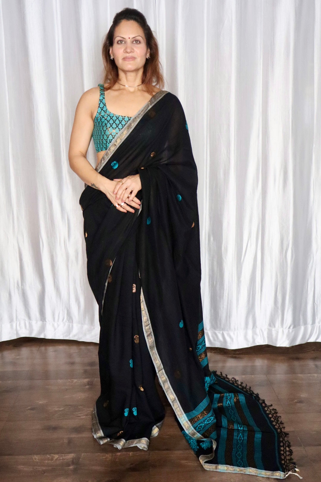 Black Handloom Cotton Jamdani Saree with Intricate Work on Body and Ambi Pallu