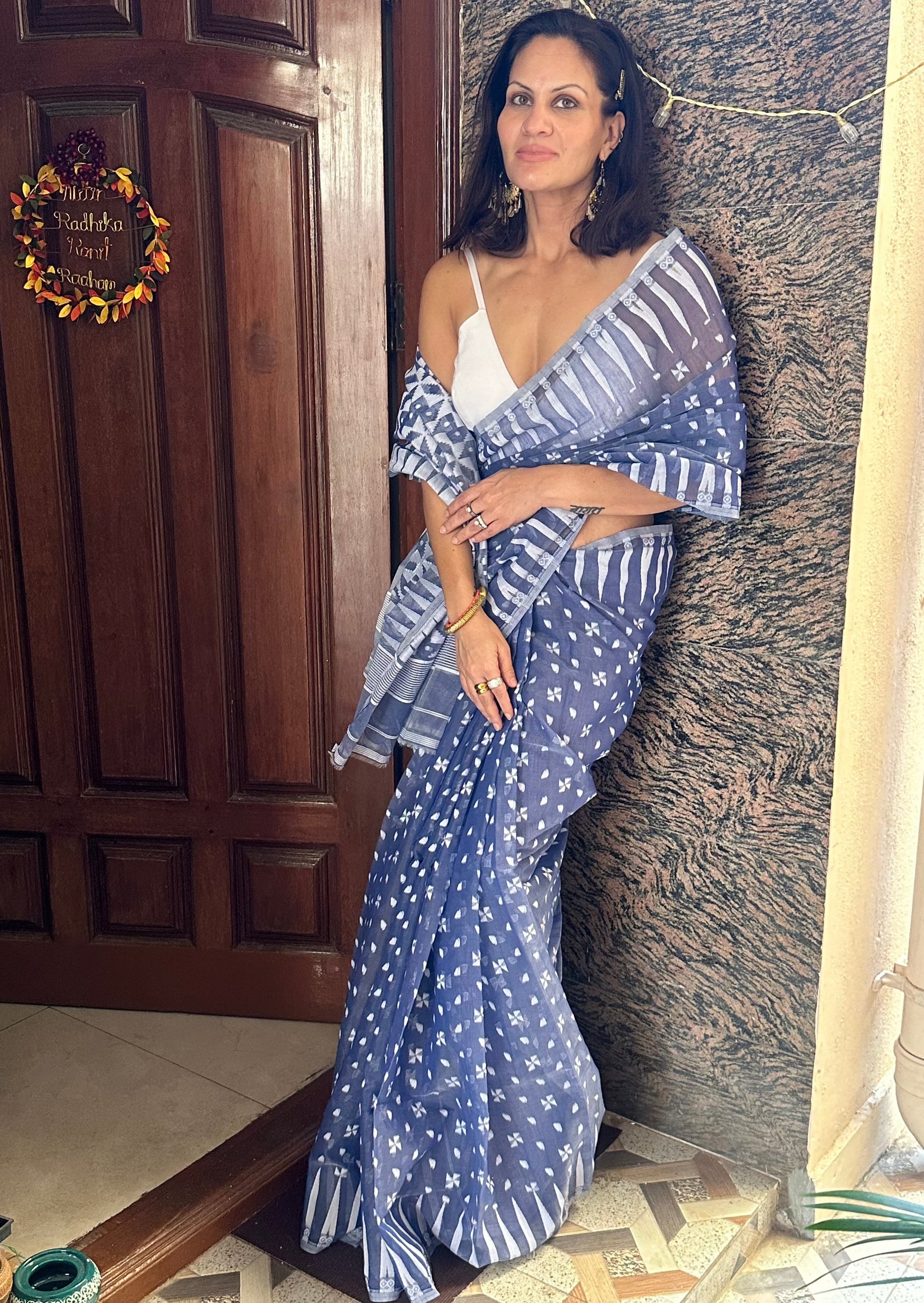 Blue Cotton Silk Jamdani Sari - Raahini