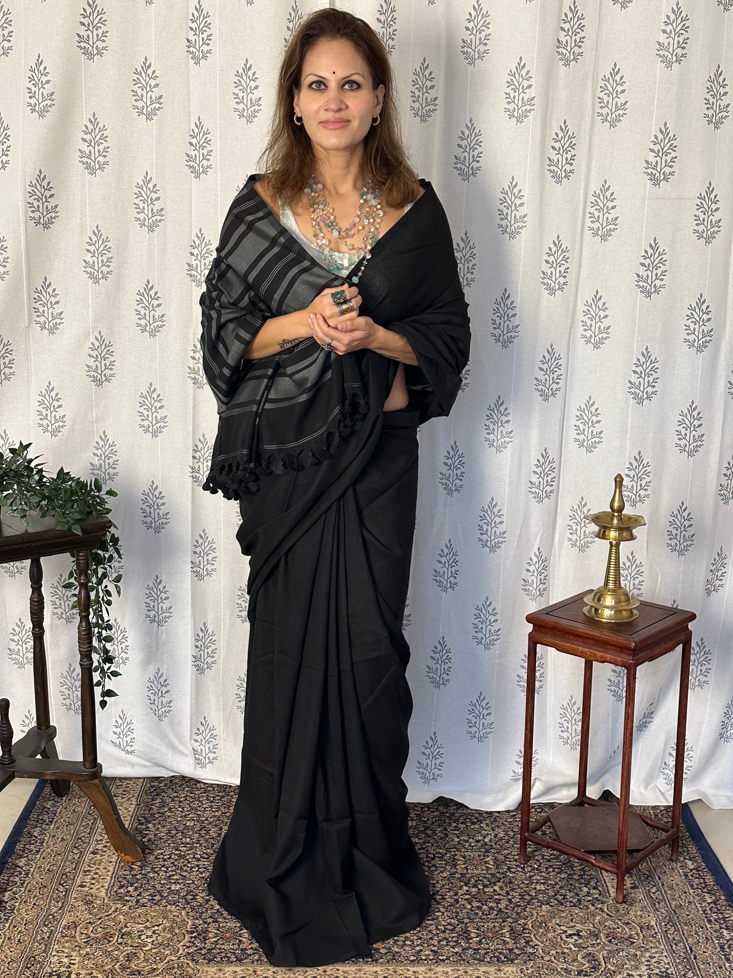 Black Cotton and Wool Blend Saree