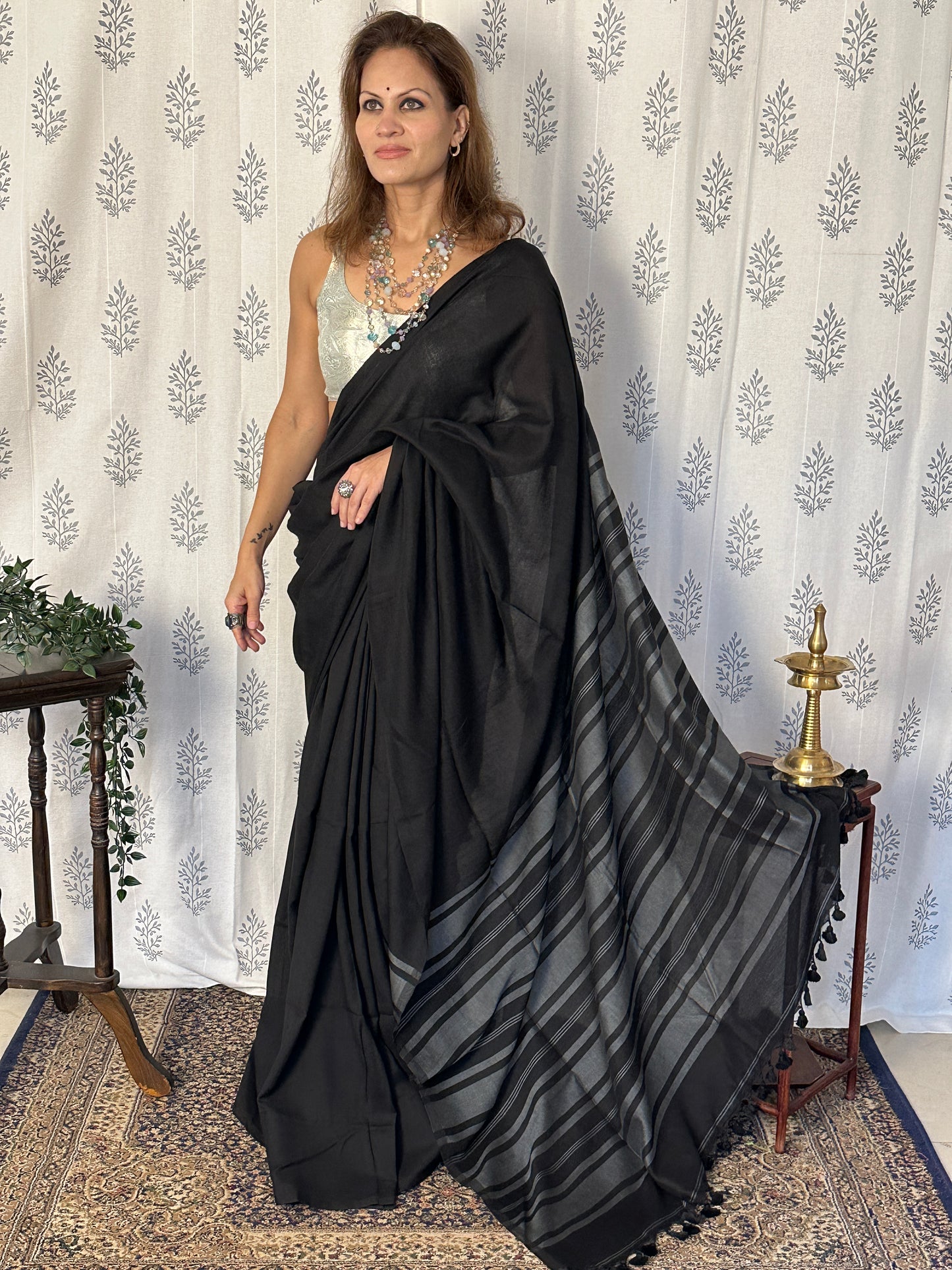 Black Cotton and Wool Blend Saree