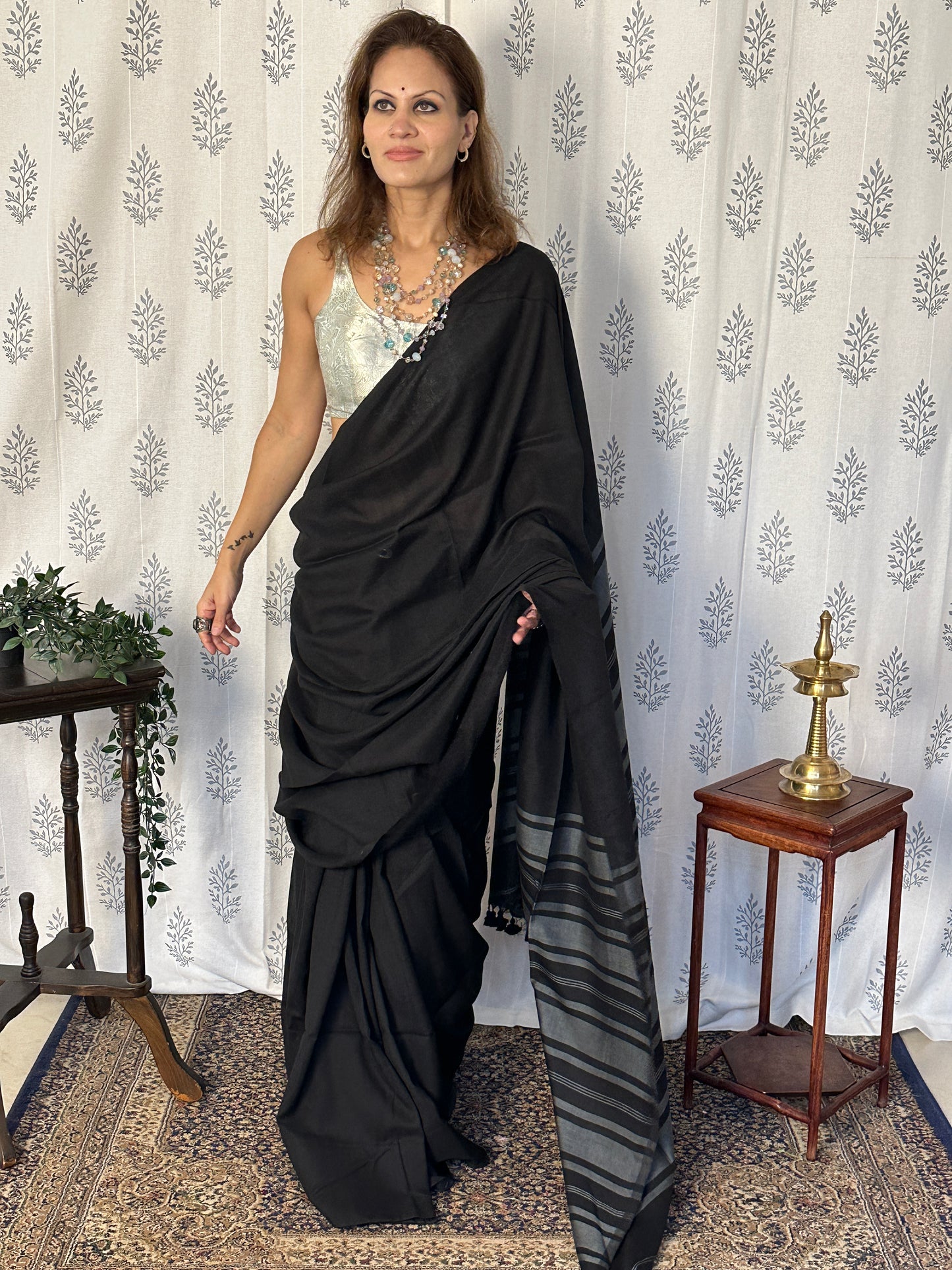 Black Cotton and Wool Blend Saree