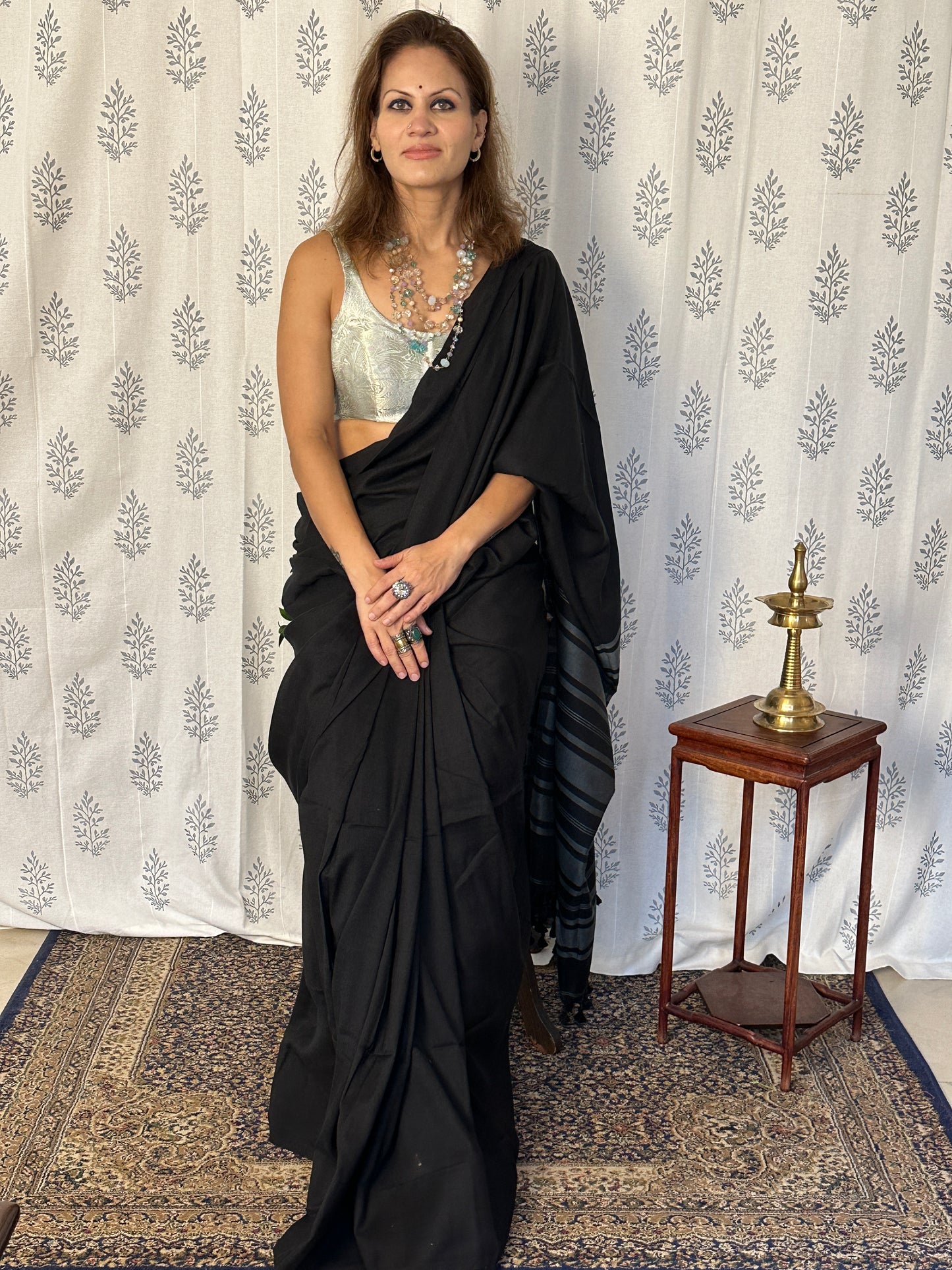 Black Cotton and Wool Blend Saree