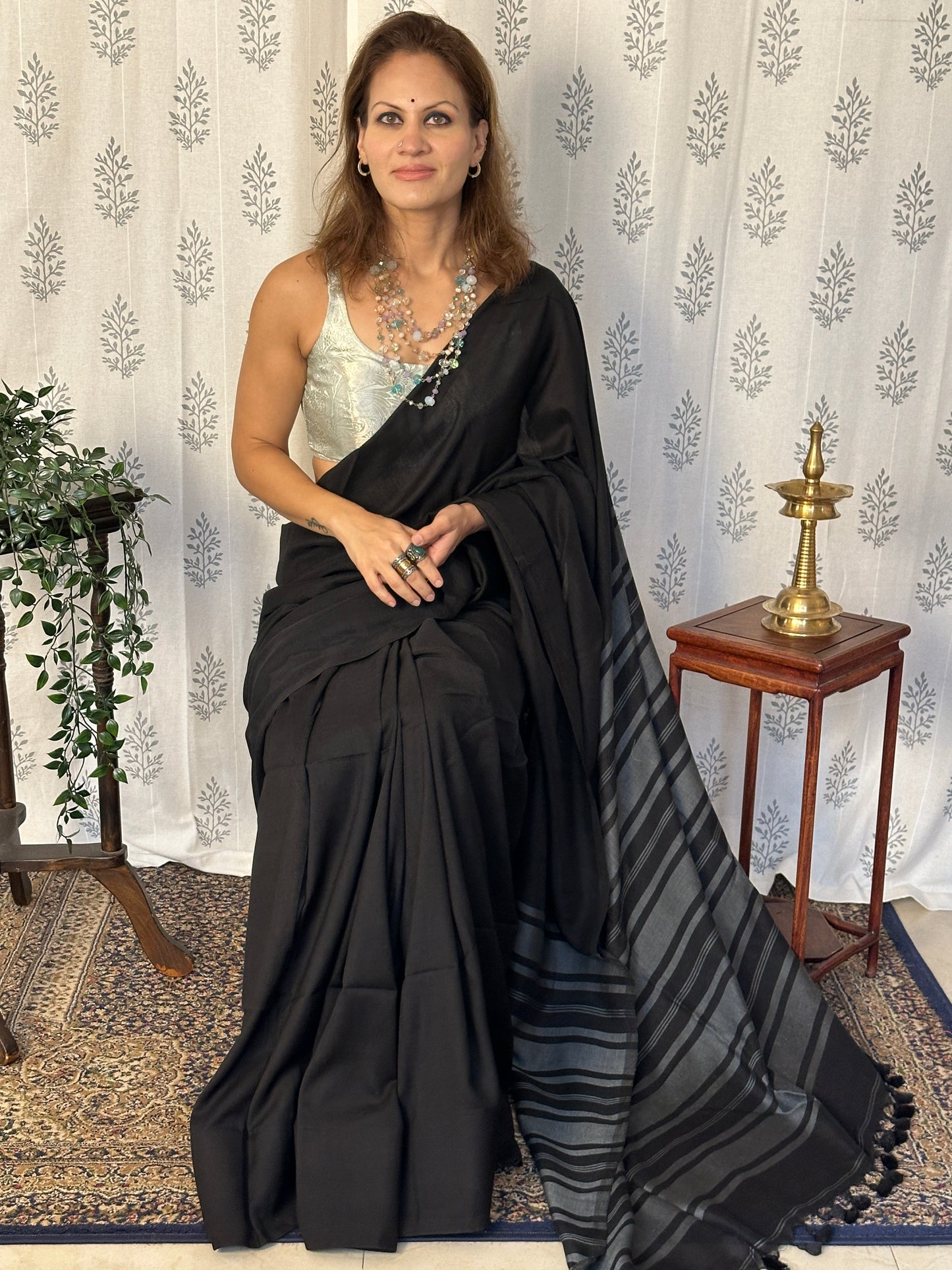 Black Cotton and Wool Blend Saree