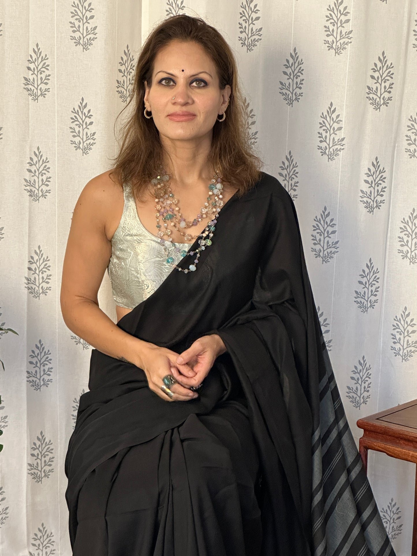 Black Cotton and Wool Blend Saree