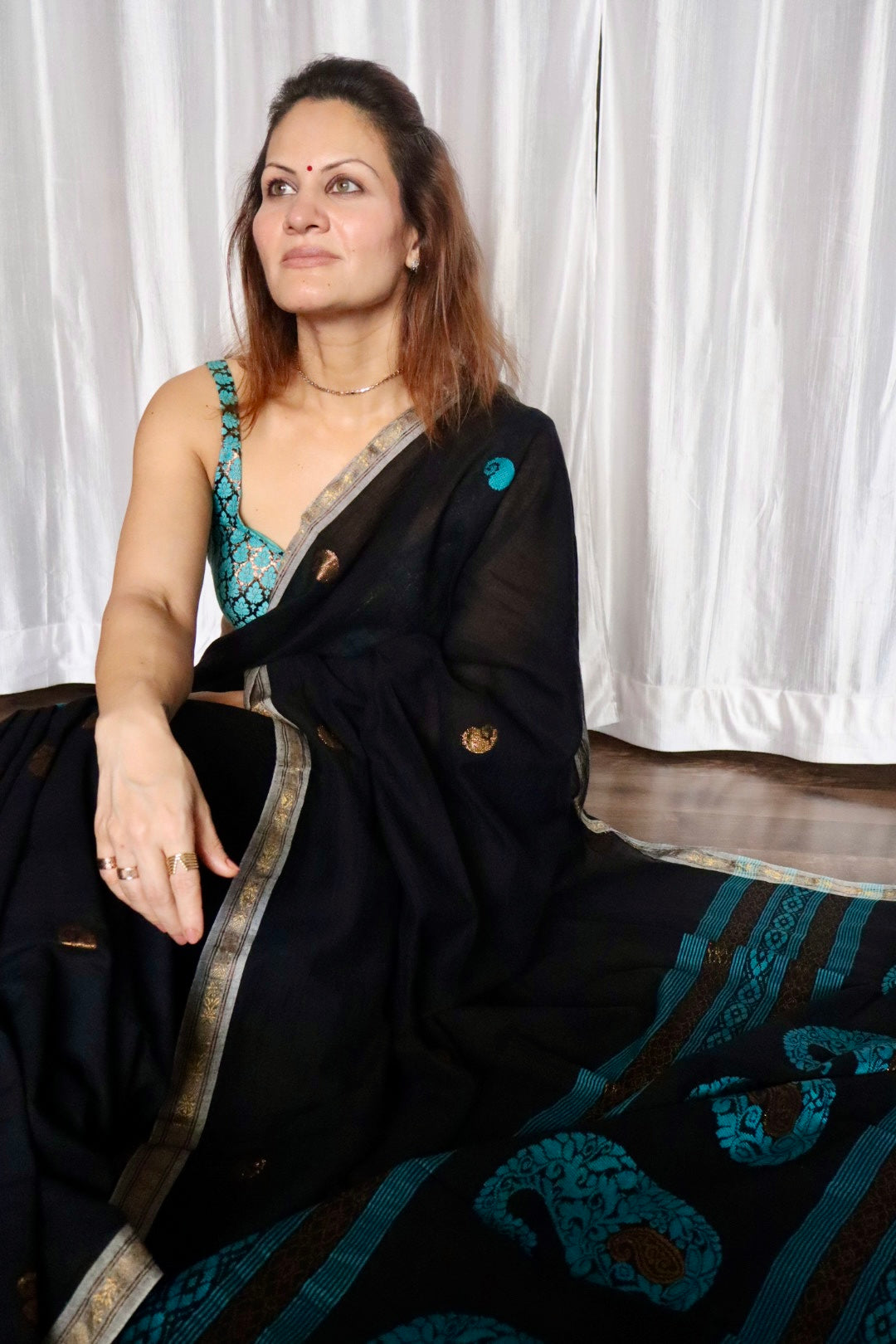 Black Handloom Cotton Jamdani Saree with Intricate Work on Body and Ambi Pallu