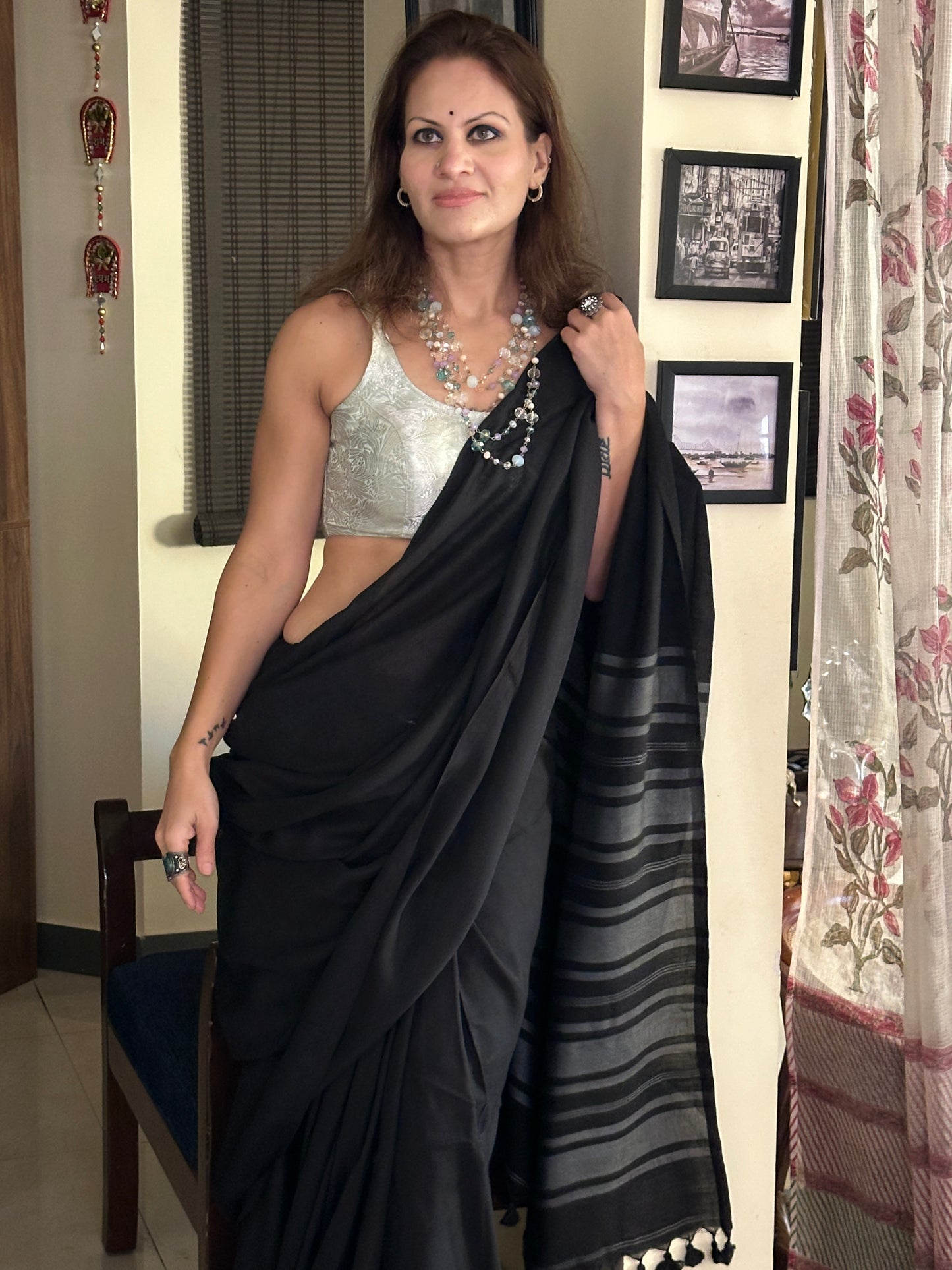 Black Cotton and Wool Blend Saree