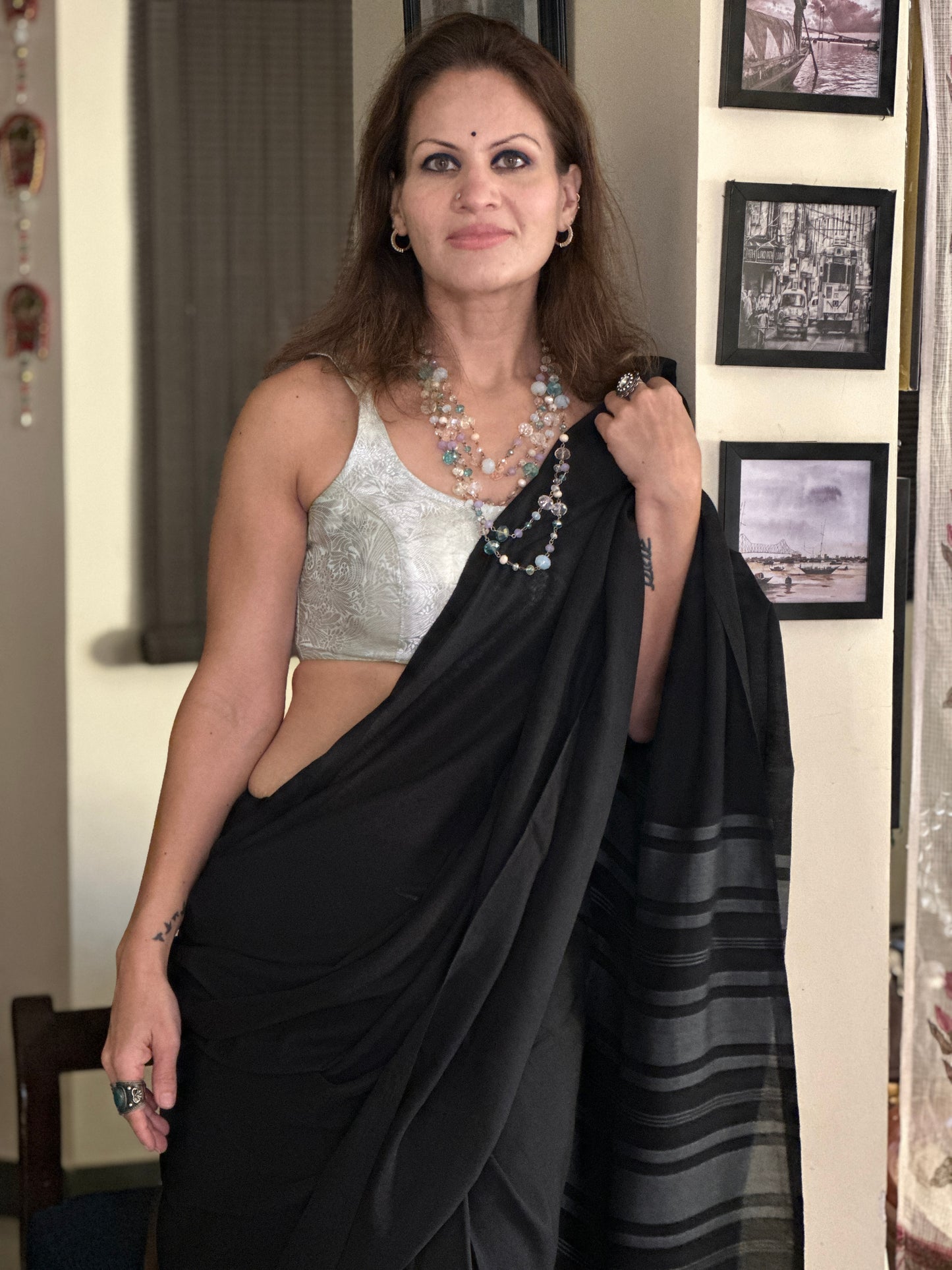 Black Cotton and Wool Blend Saree