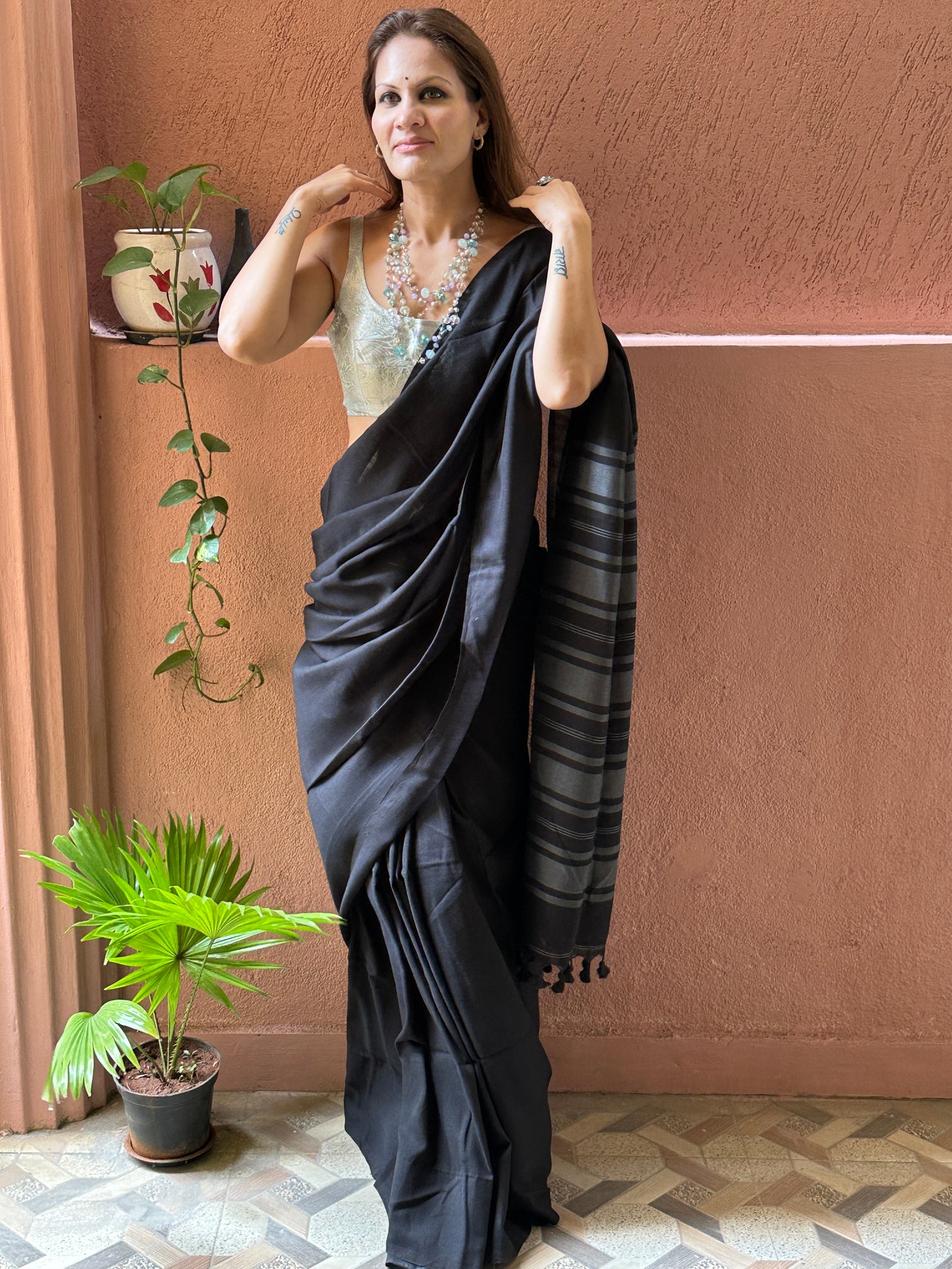 Black Cotton and Wool Blend Saree