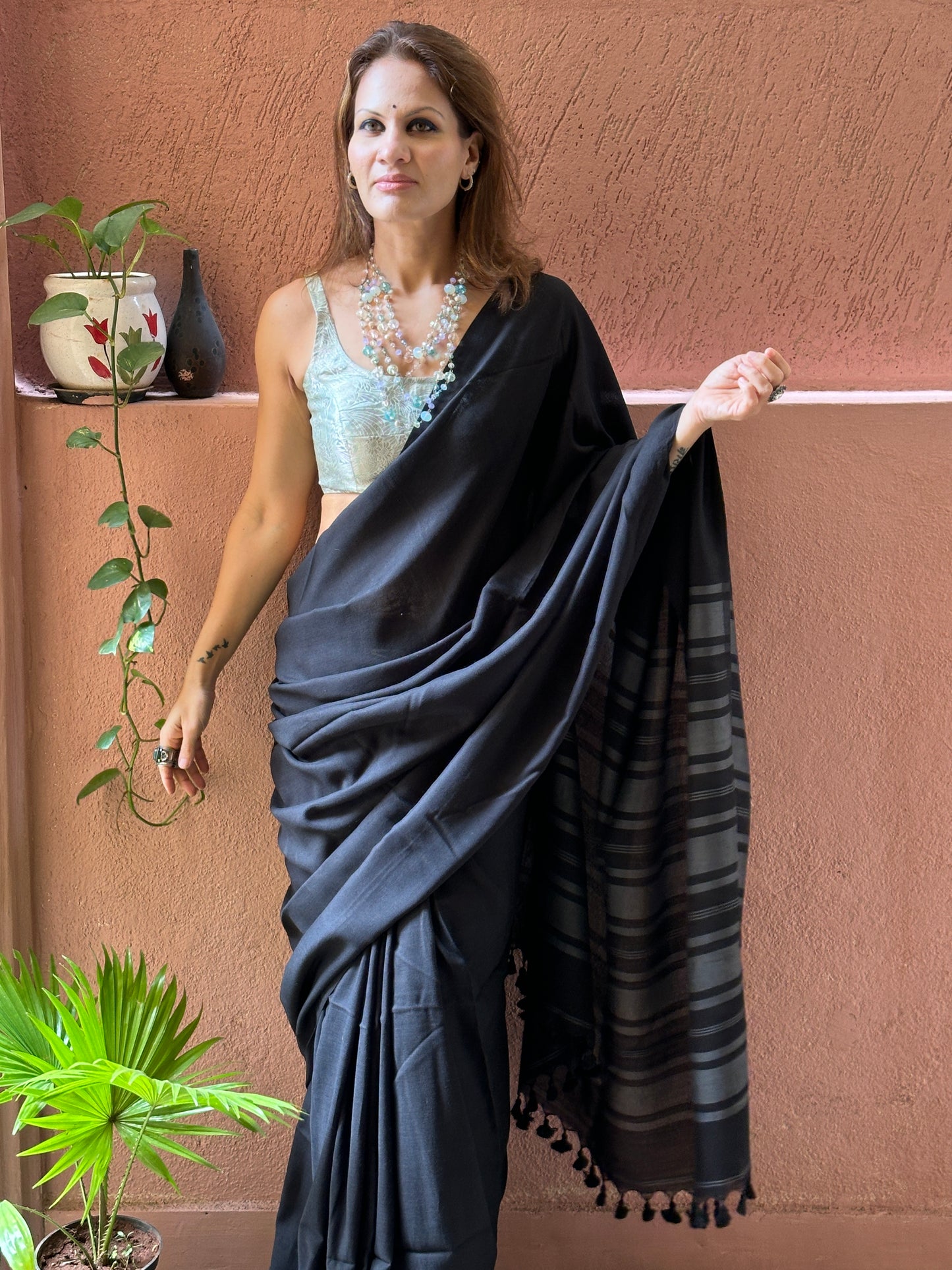 Black Cotton and Wool Blend Saree