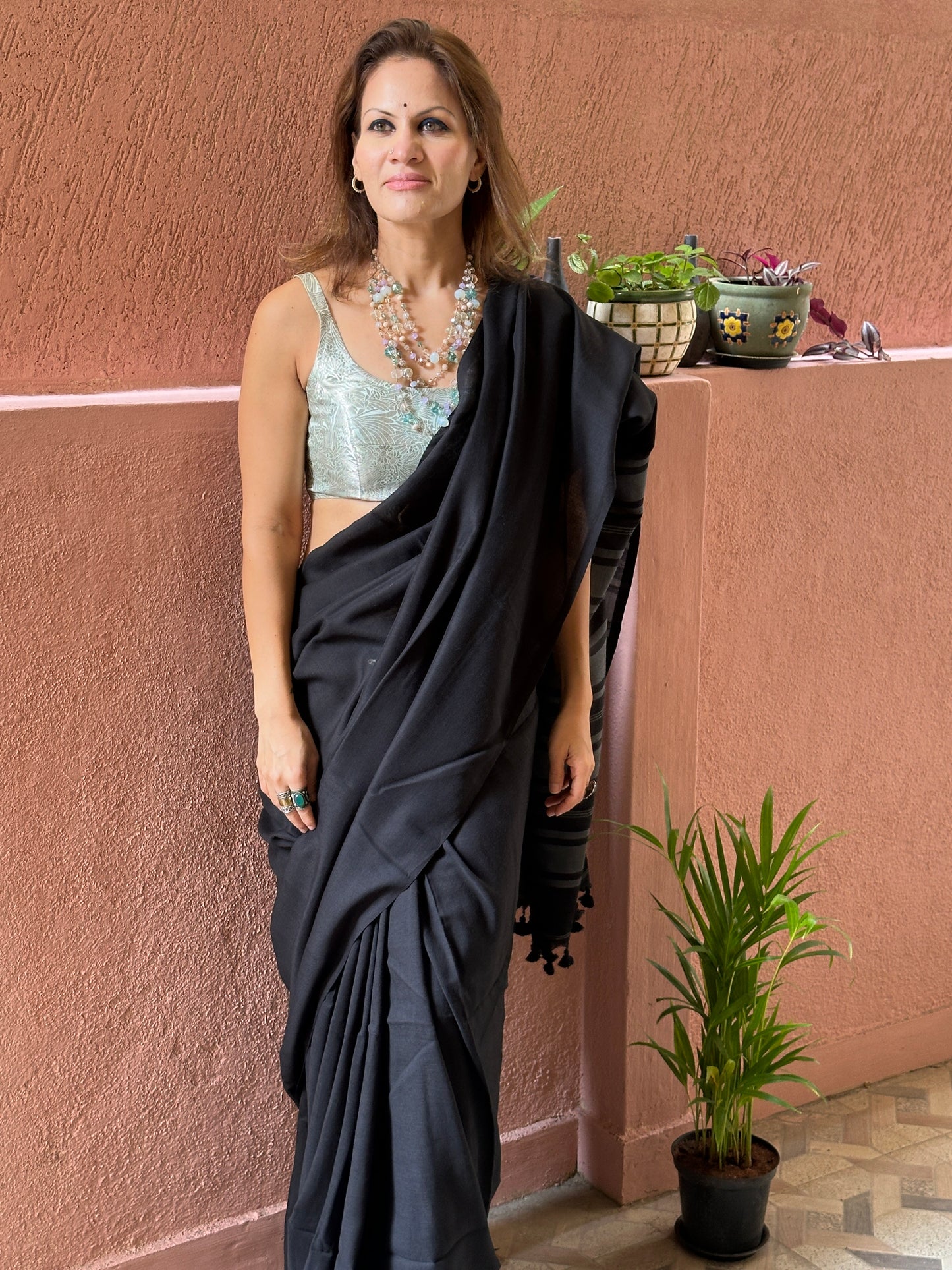 Black Cotton and Wool Blend Saree