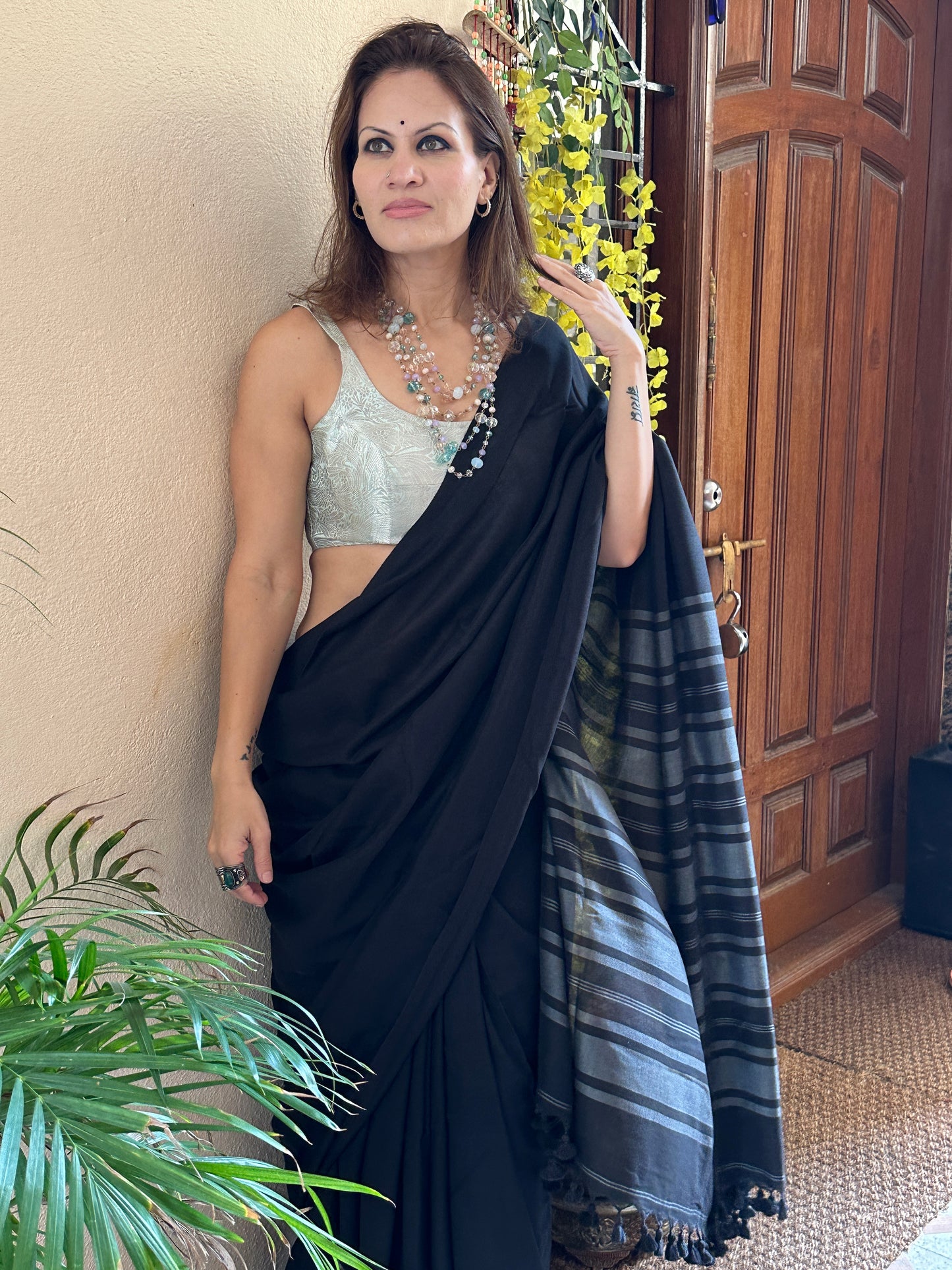 Black Cotton and Wool Blend Saree