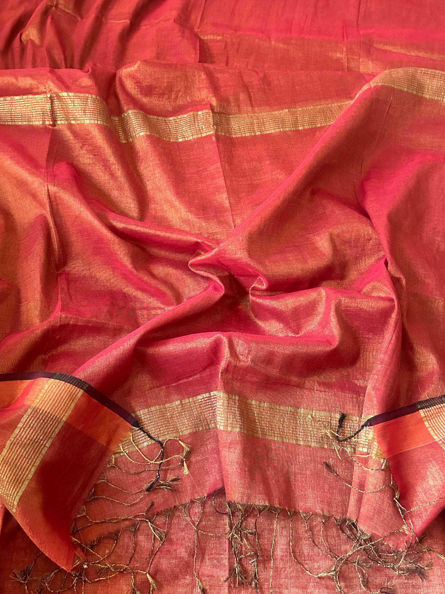 Red Pure Mul Mul Handwoven Tissue Cotton Sari - Raahini